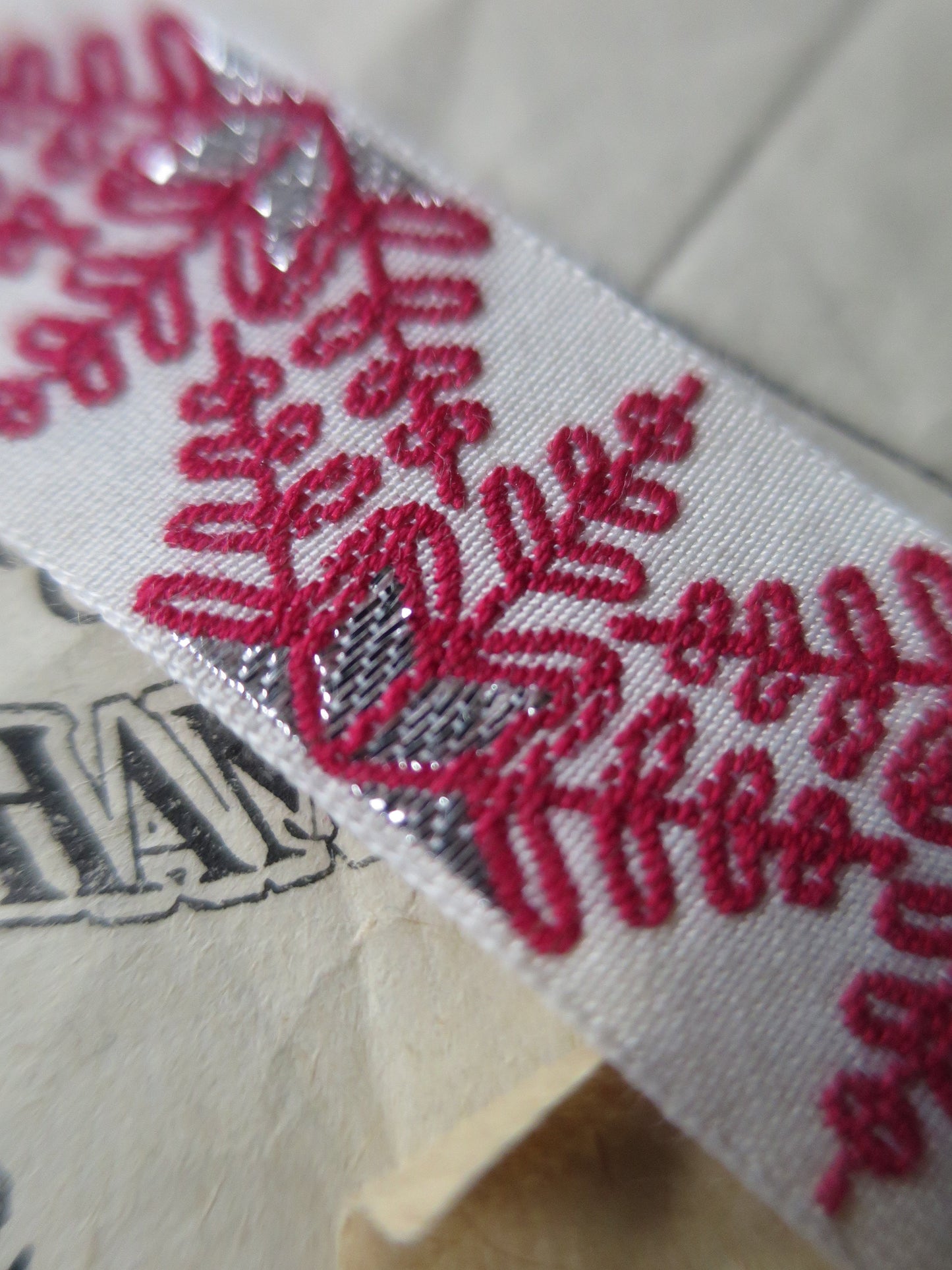 Snowflakes 20 mm Jacquard Woven Ribbon- Red Silver & Ecru