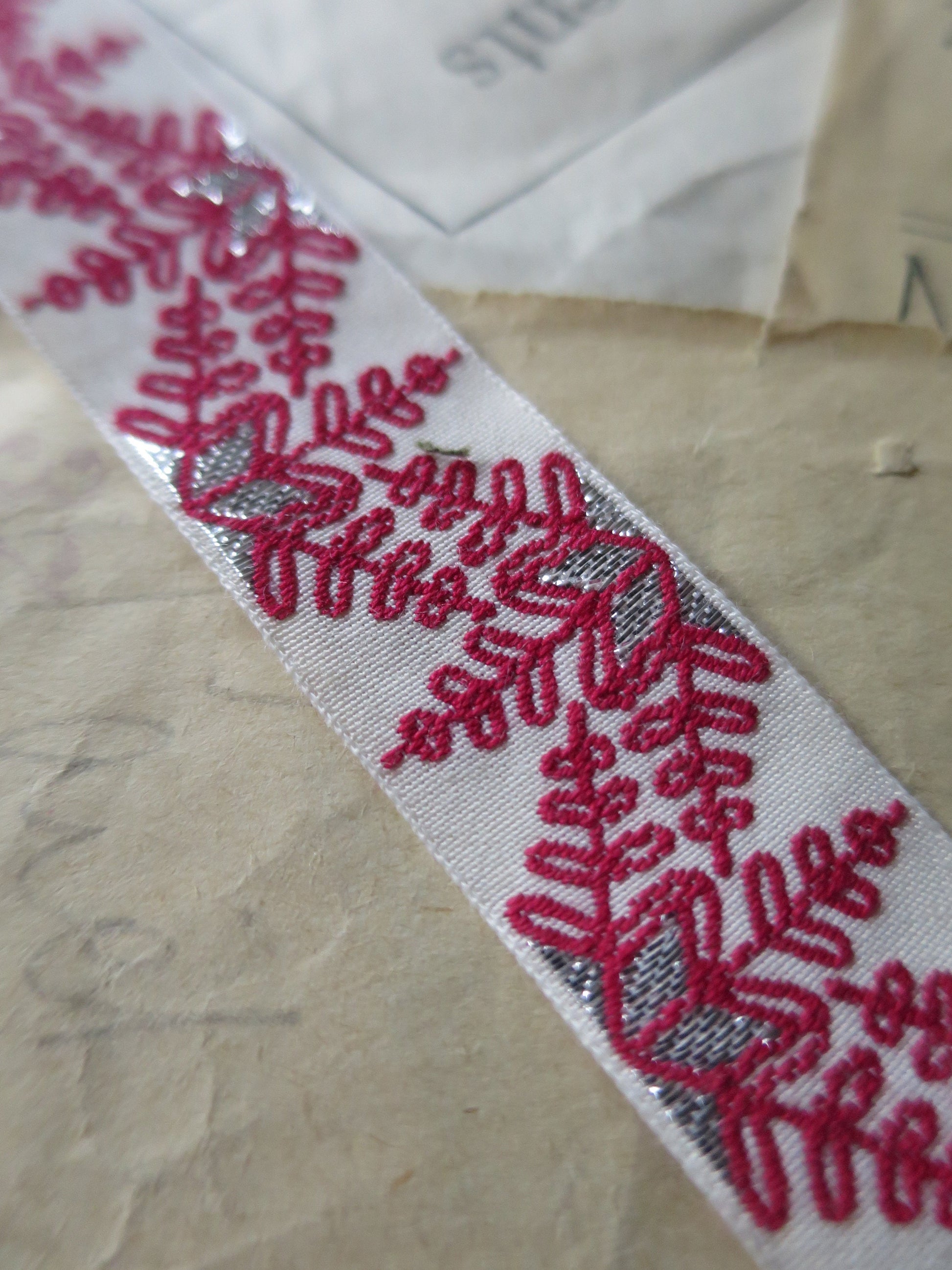 Snowflakes 20 mm Jacquard Woven Ribbon- Red Silver & Ecru