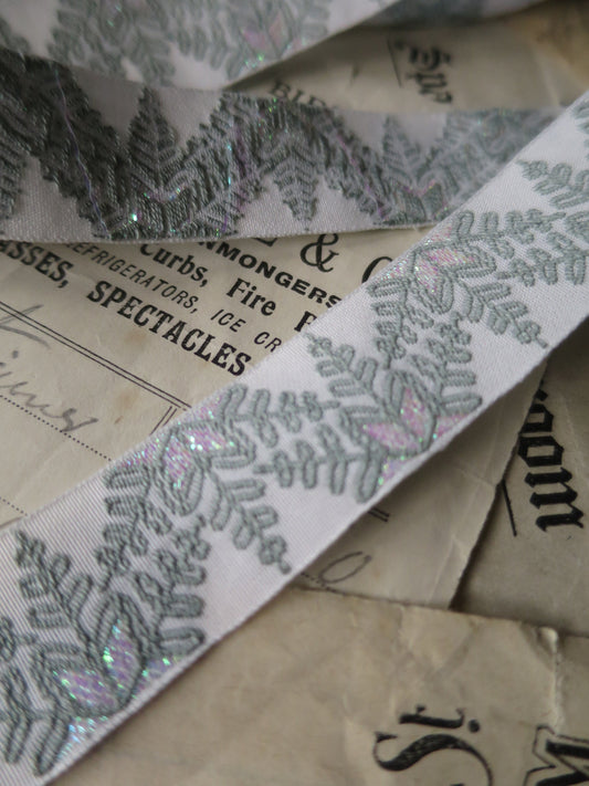 Snowflakes 20 mm Jacquard Woven Ribbon- Sage, Iridescent & White