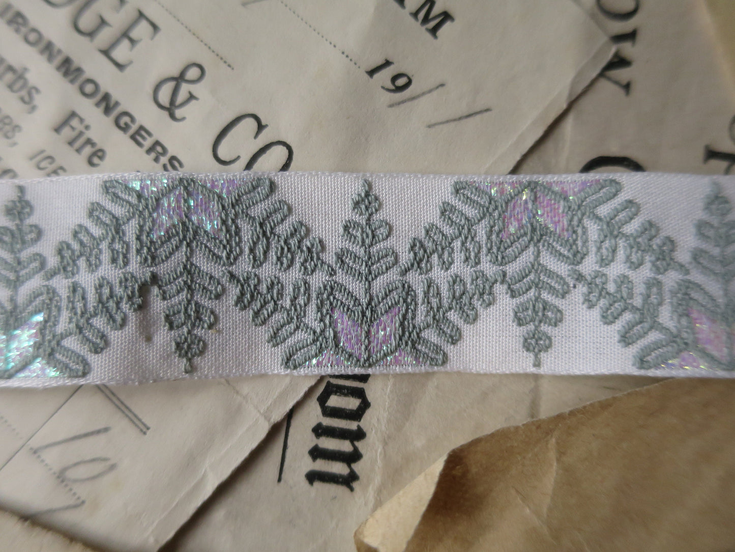Snowflakes 20 mm Jacquard Woven Ribbon- Sage, Iridescent & White