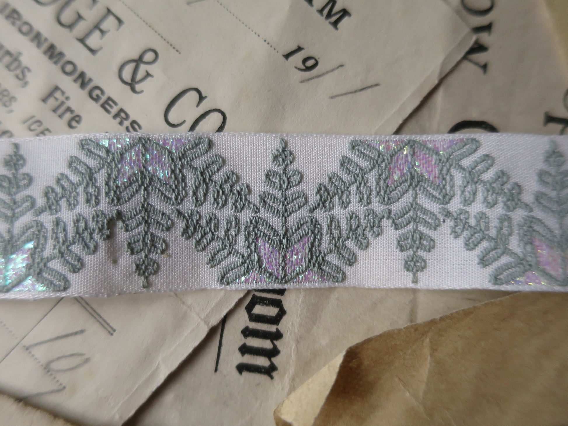 Snowflakes 20 mm Jacquard Woven Ribbon- Sage, Iridescent & White