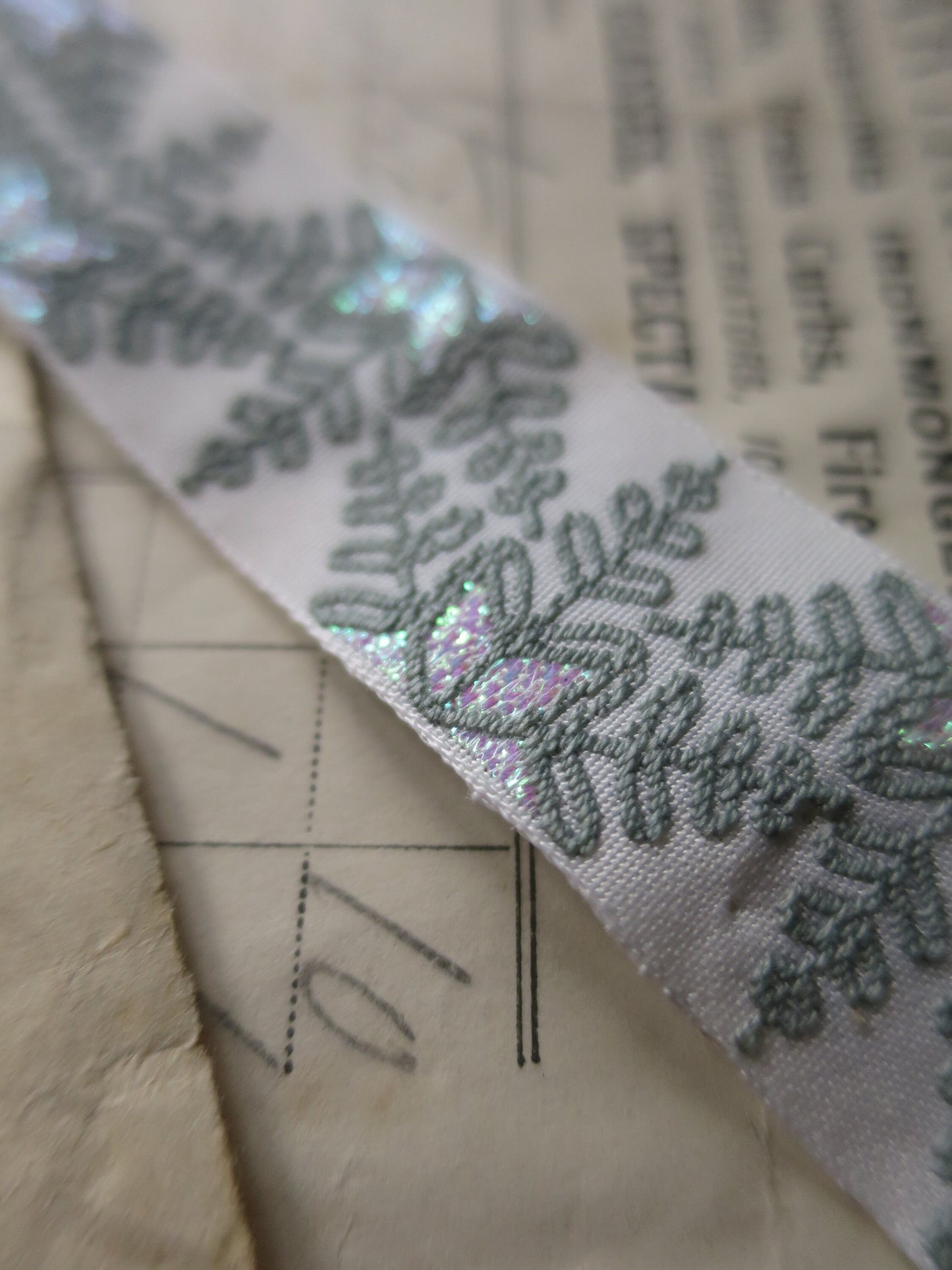 Snowflakes 20 mm Jacquard Woven Ribbon- Sage, Iridescent & White