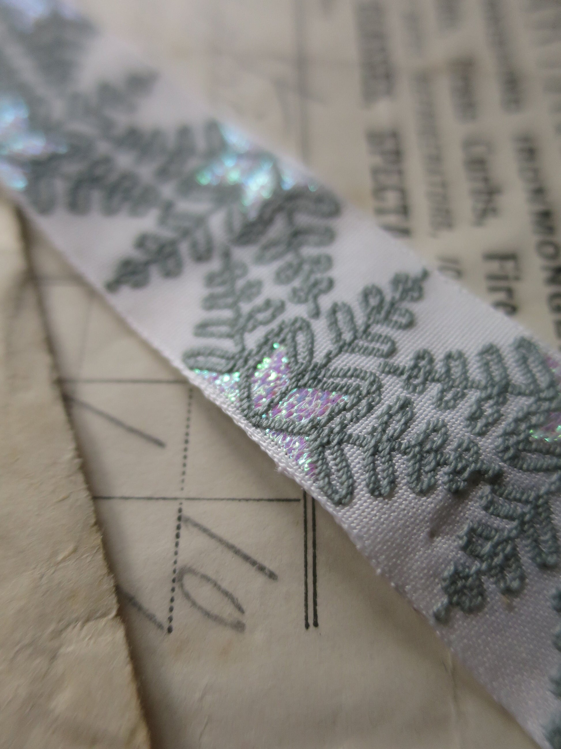 Snowflakes 20 mm Jacquard Woven Ribbon- Sage, Iridescent & White
