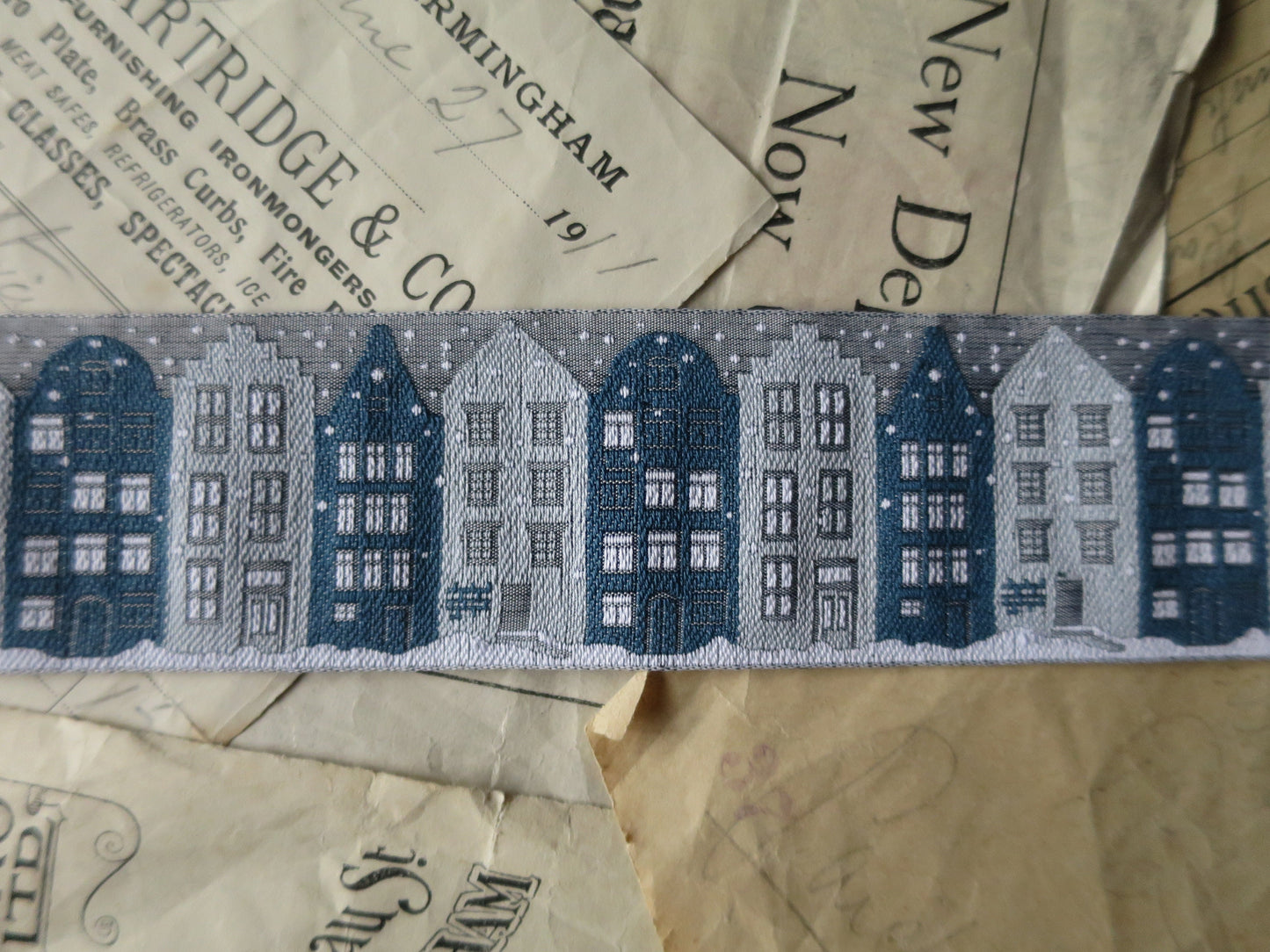 Christmas Houses 40 mm Jacquard Woven Ribbon- Grey, Teal & White