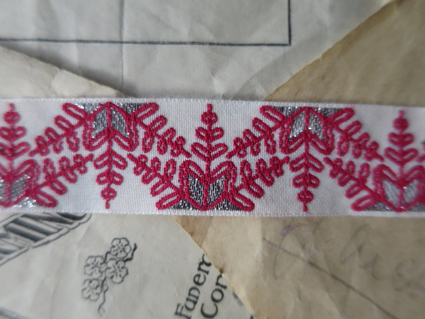 Snowflakes 20 mm Jacquard Woven Ribbon- Red Silver & Ecru