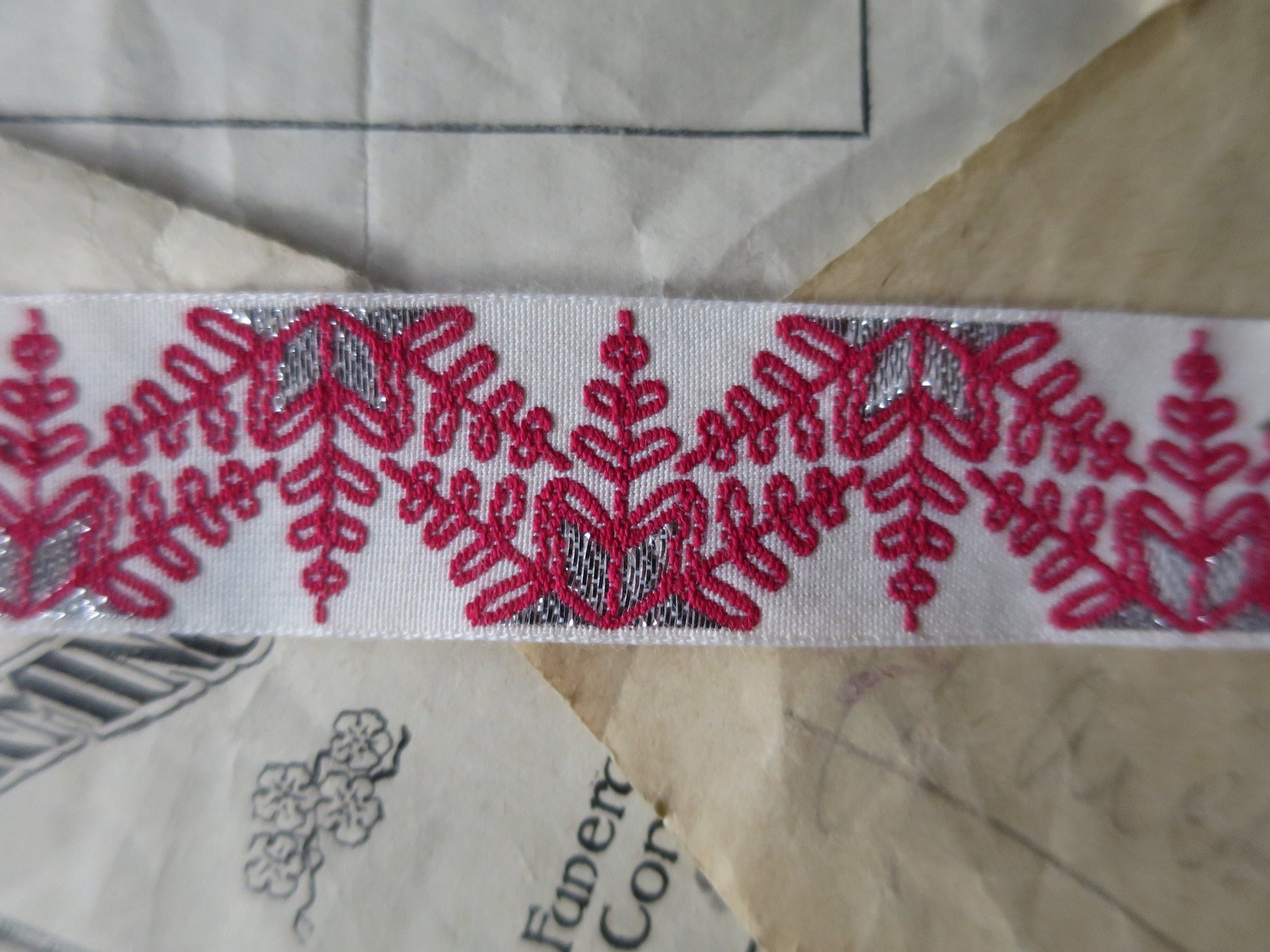 Snowflakes 20 mm Jacquard Woven Ribbon- Red Silver & Ecru