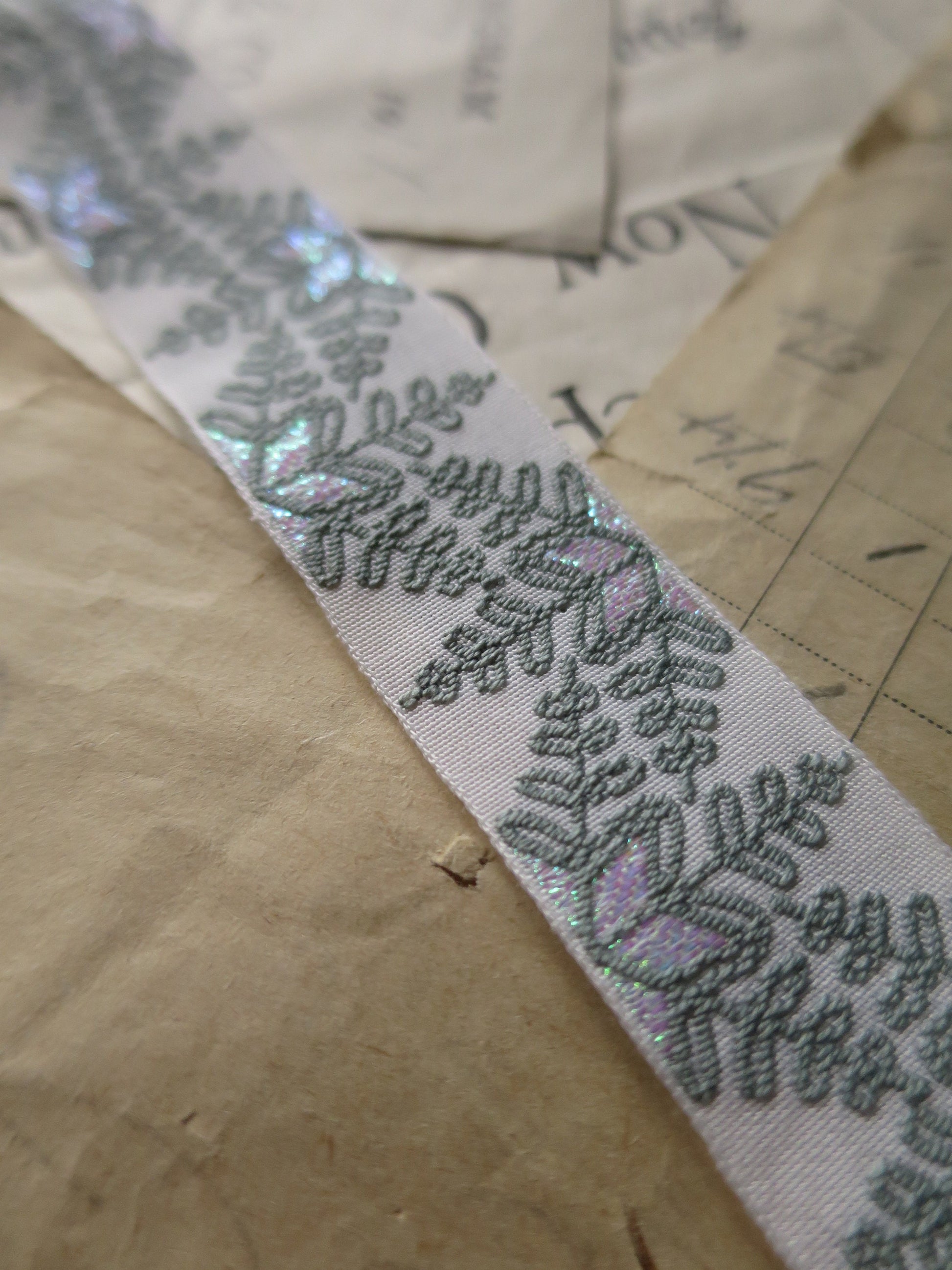 Snowflakes 20 mm Jacquard Woven Ribbon- Sage, Iridescent & White