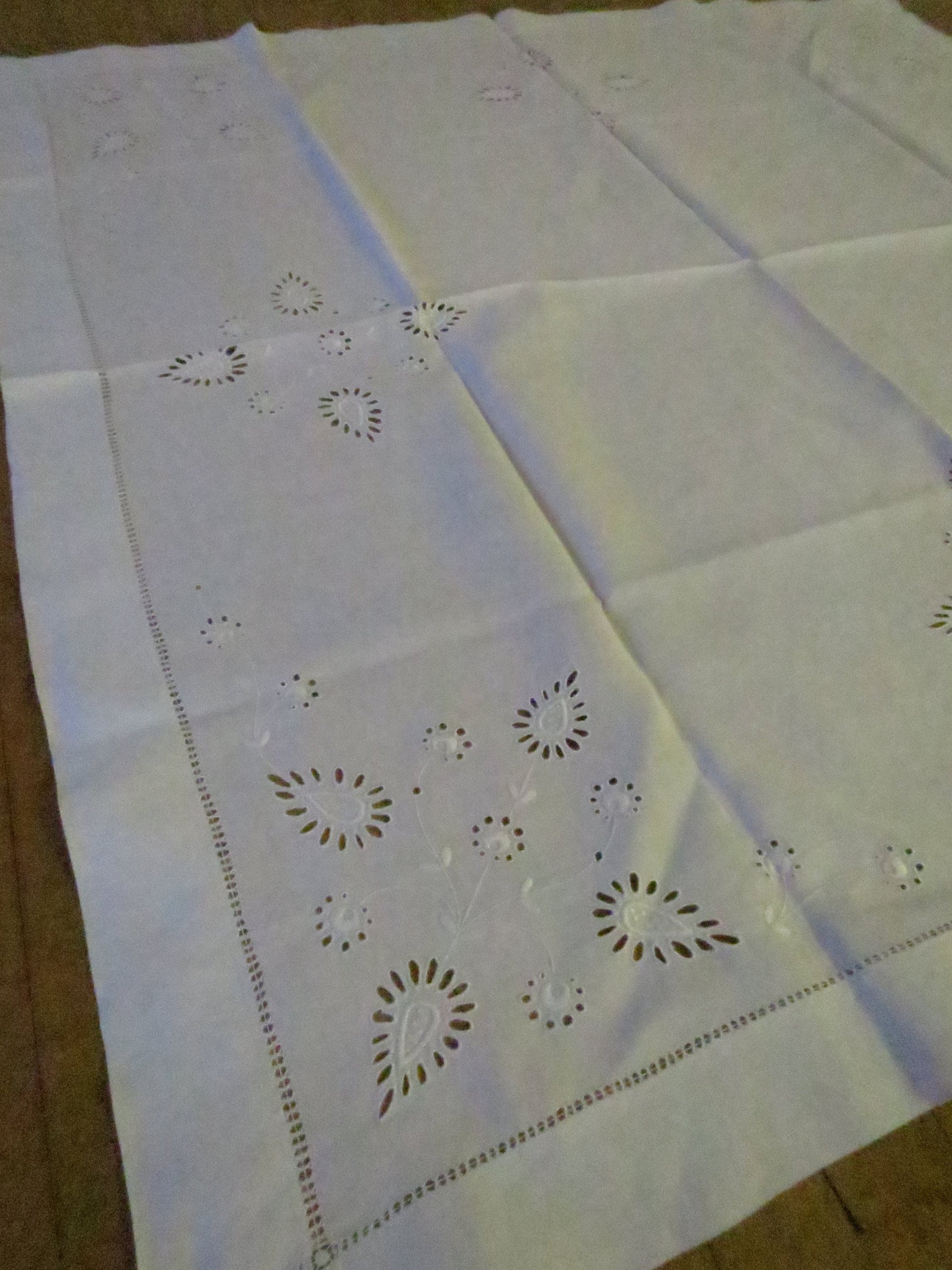 Art Deco Edwardian Irish Linen Table Cloth- Hand Worked Whitework Eyelet Embroidery & Drawn Threads