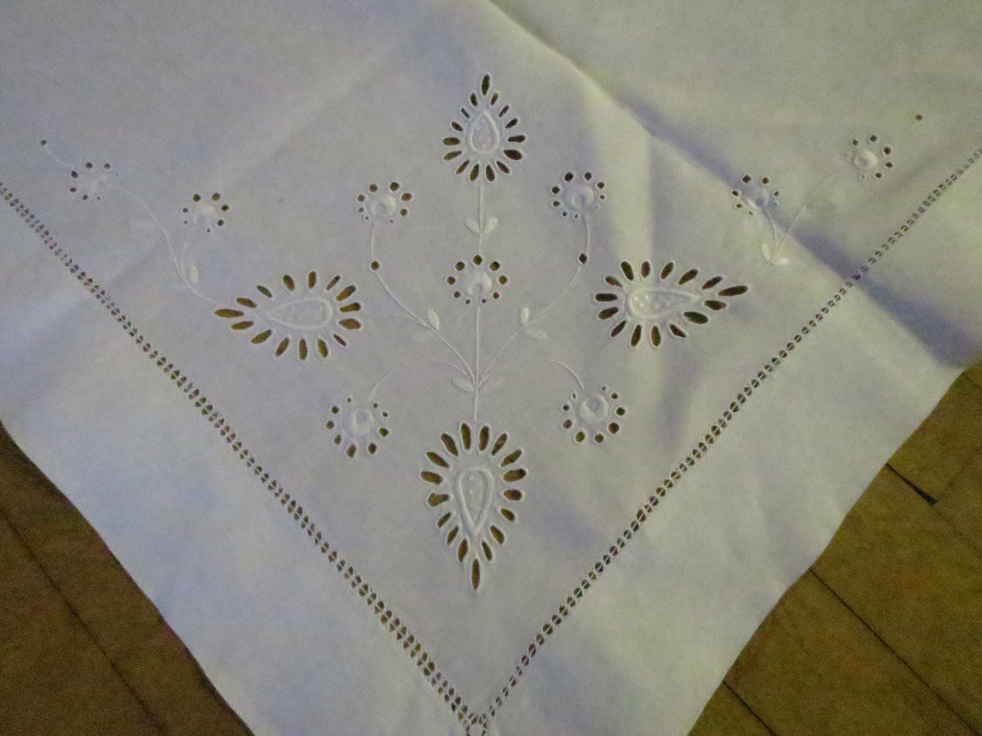 Art Deco Edwardian Irish Linen Table Cloth- Hand Worked Whitework Eyelet Embroidery & Drawn Threads