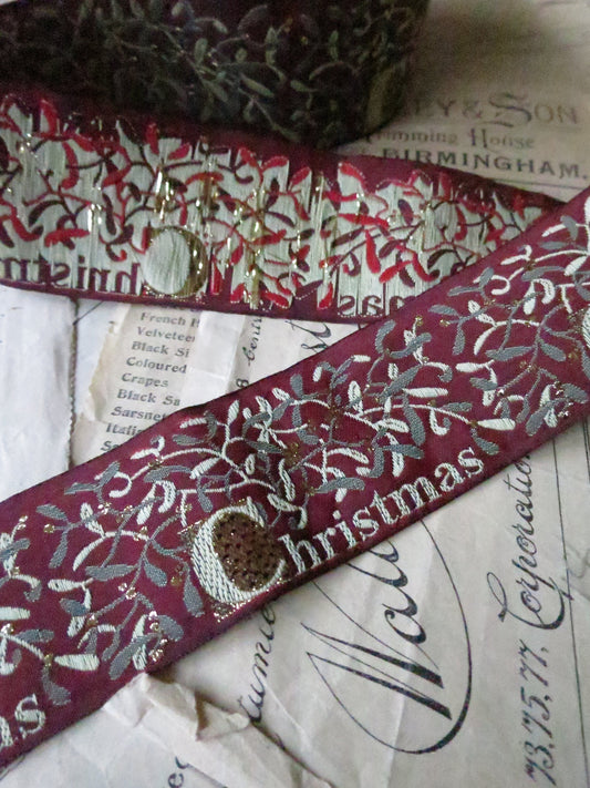 Mistletoe & Berries Christmas Ribbon 40 mm Jacquard Woven Ribbon- Red and Gold