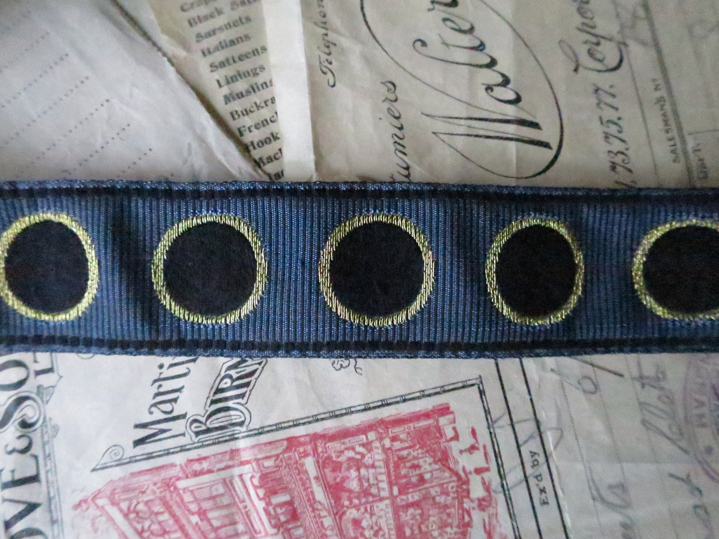 Gold Edged Bullet Holes 32 mm Jacquard Woven Ribbon- Blue & Black