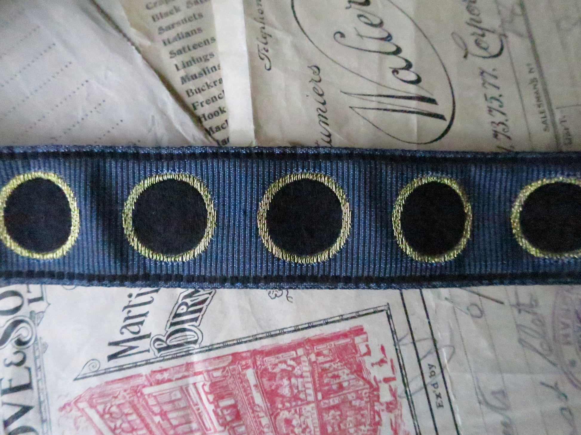 Gold Edged Bullet Holes 32 mm Jacquard Woven Ribbon- Blue & Black