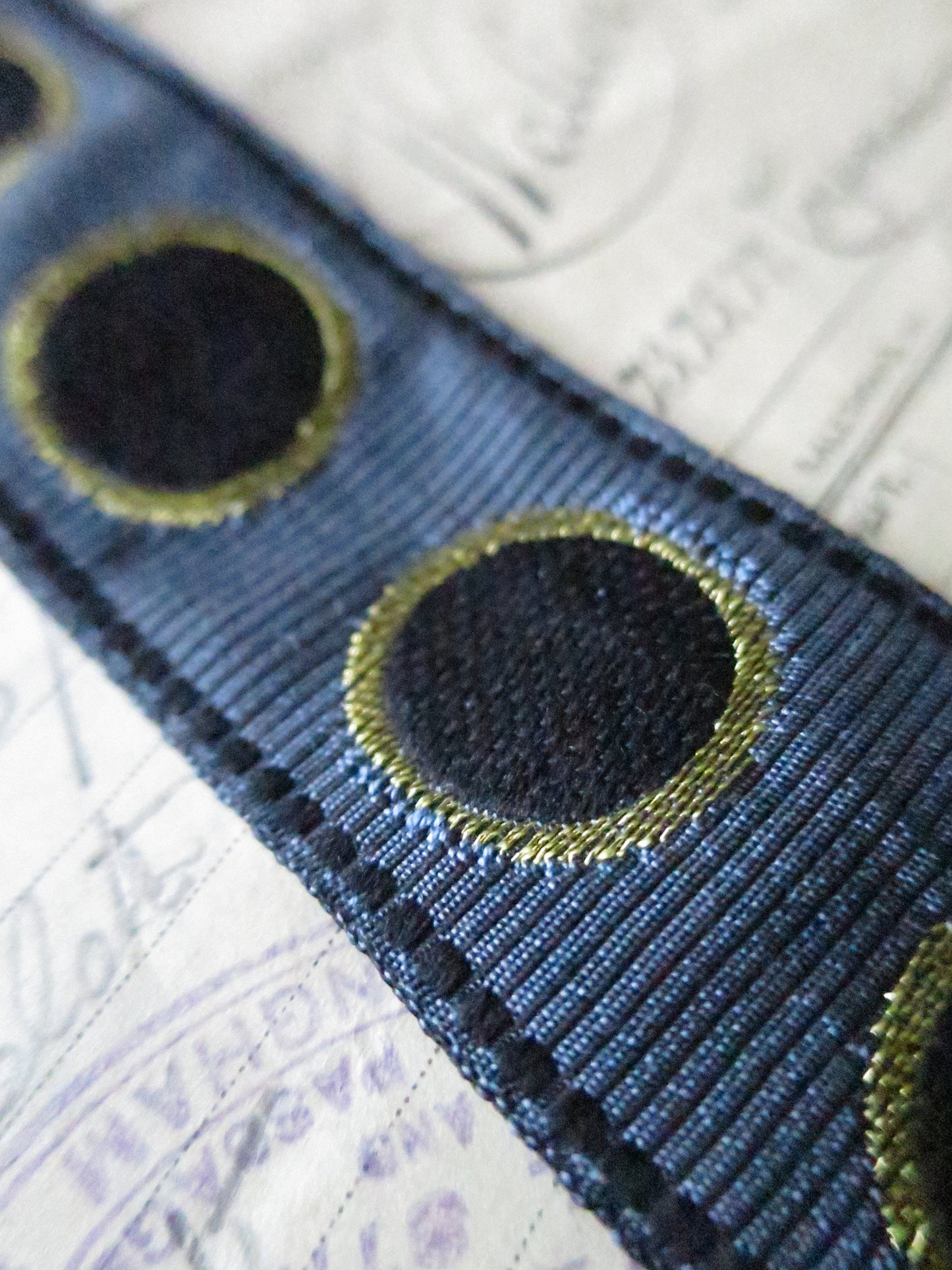 Gold Edged Bullet Holes 32 mm Jacquard Woven Ribbon- Blue & Black