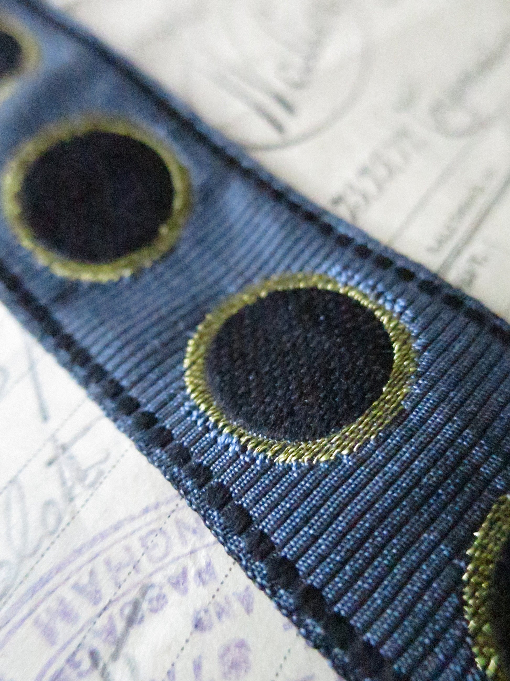 Gold Edged Bullet Holes 32 mm Jacquard Woven Ribbon- Blue & Black