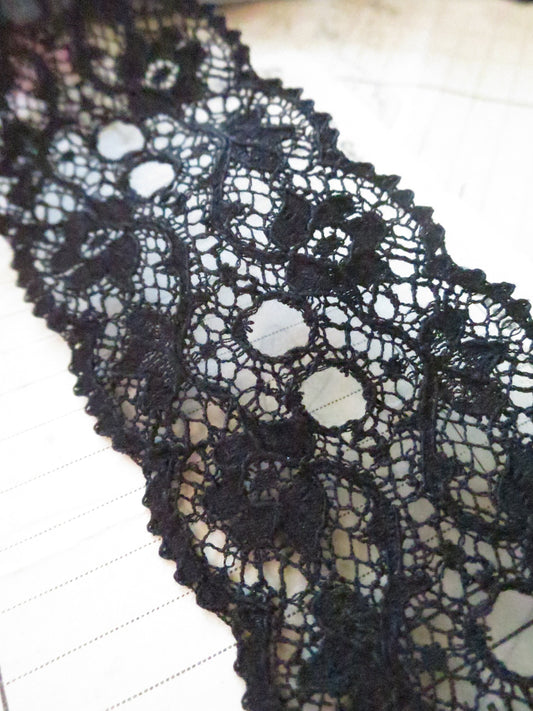Black English Nottingham Lace- Scalloped Raised Floral Double Eyelet- Galloon- 5.5 cm