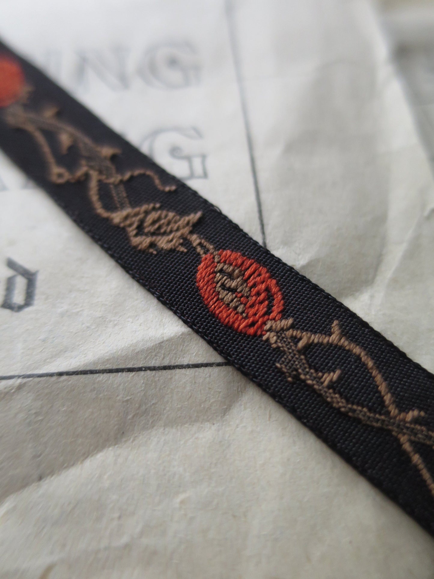 Rose Hips 10 mm Black Jacquard Woven Ribbon- Black