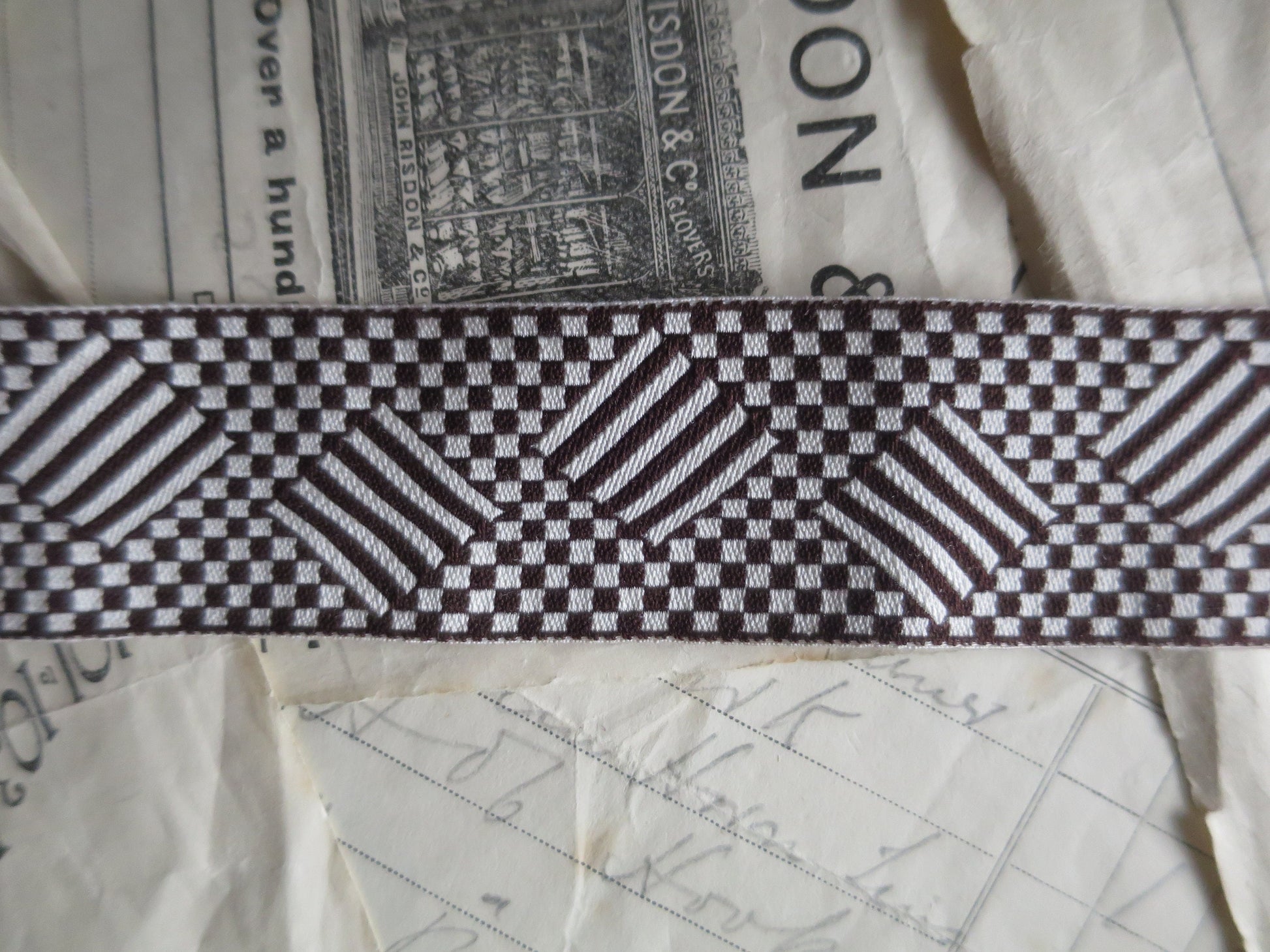 Double Faced Checkerboard 32 mm Jacquard Woven Ribbon- Black & Ecru