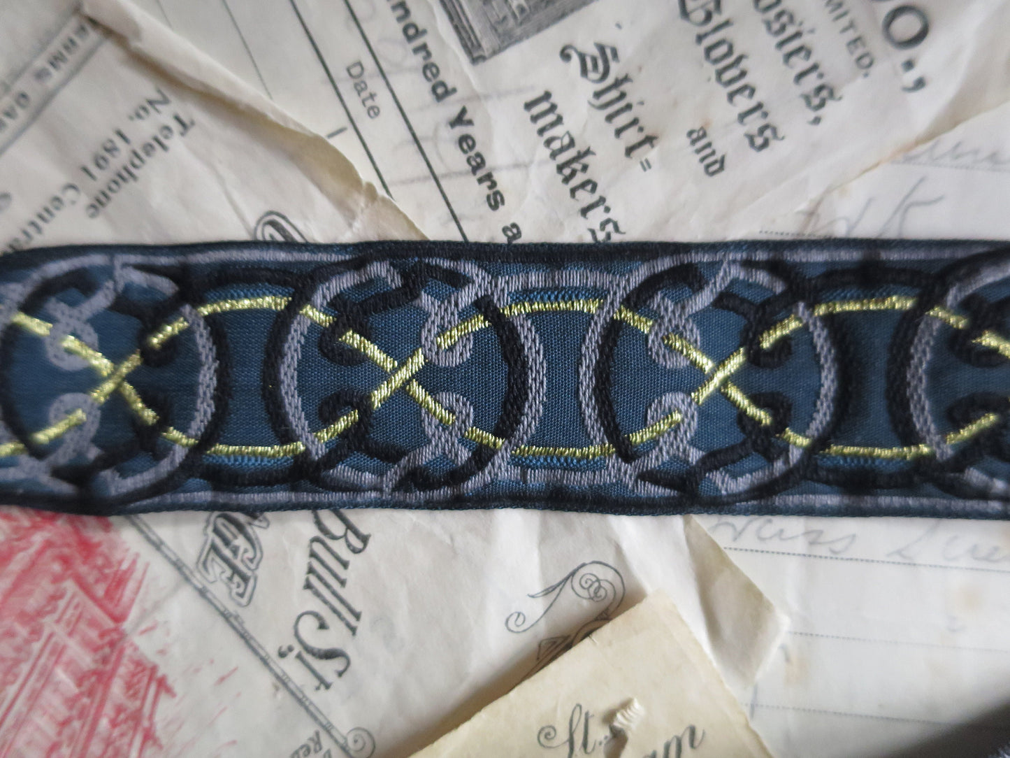 Celtic Knots 32 mm Jacquard Woven Ribbon- Blue & Gold
