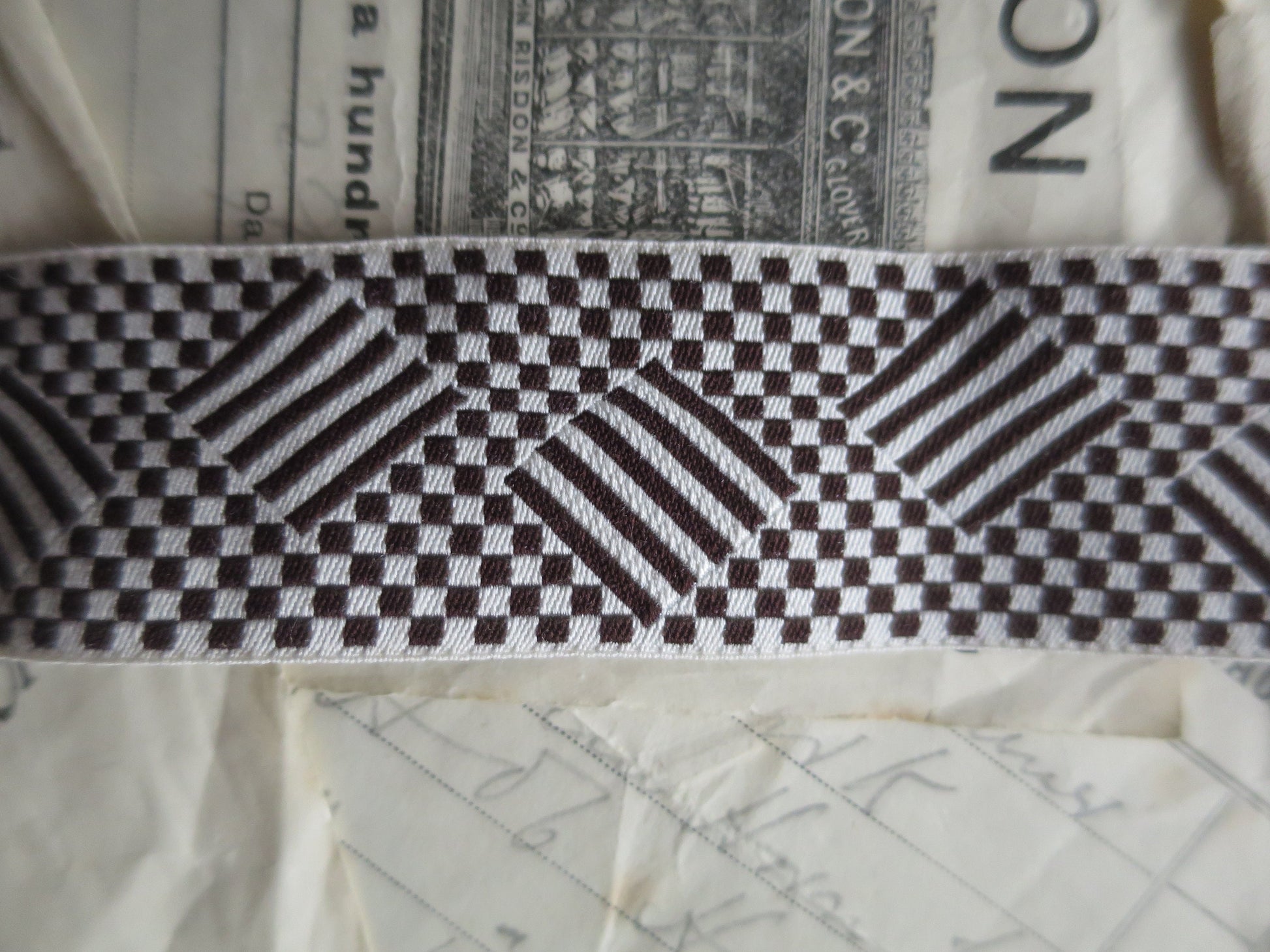 Double Faced Checkerboard 32 mm Jacquard Woven Ribbon- Black & Ecru