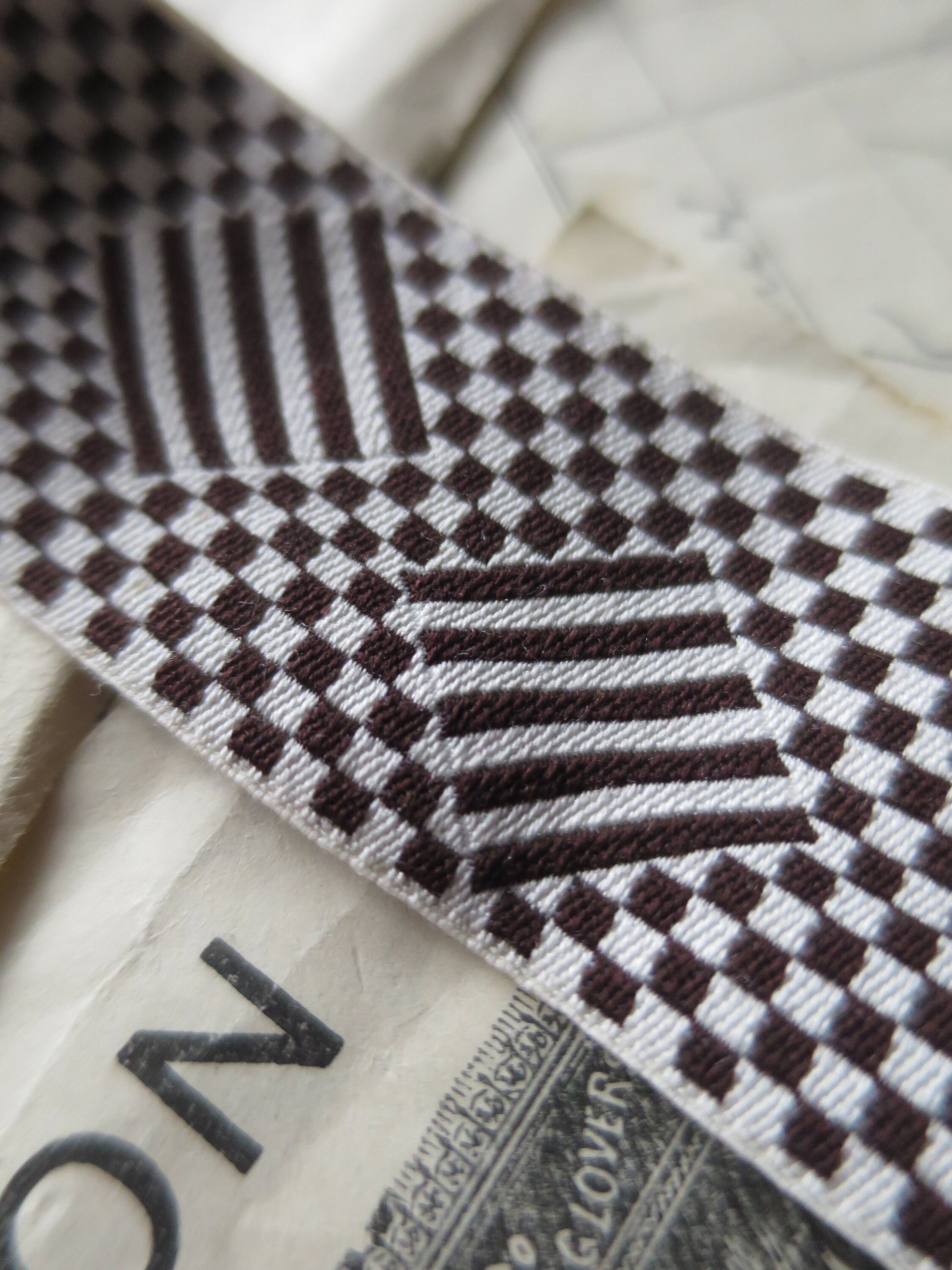 Double Faced Checkerboard 32 mm Jacquard Woven Ribbon- Black & Ecru