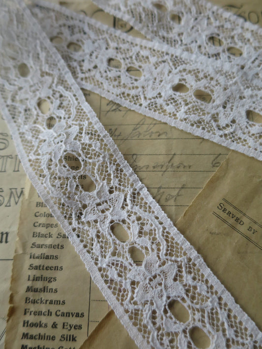 White English Nottingham Lace- Floral Double Eyelet Insertion Lace