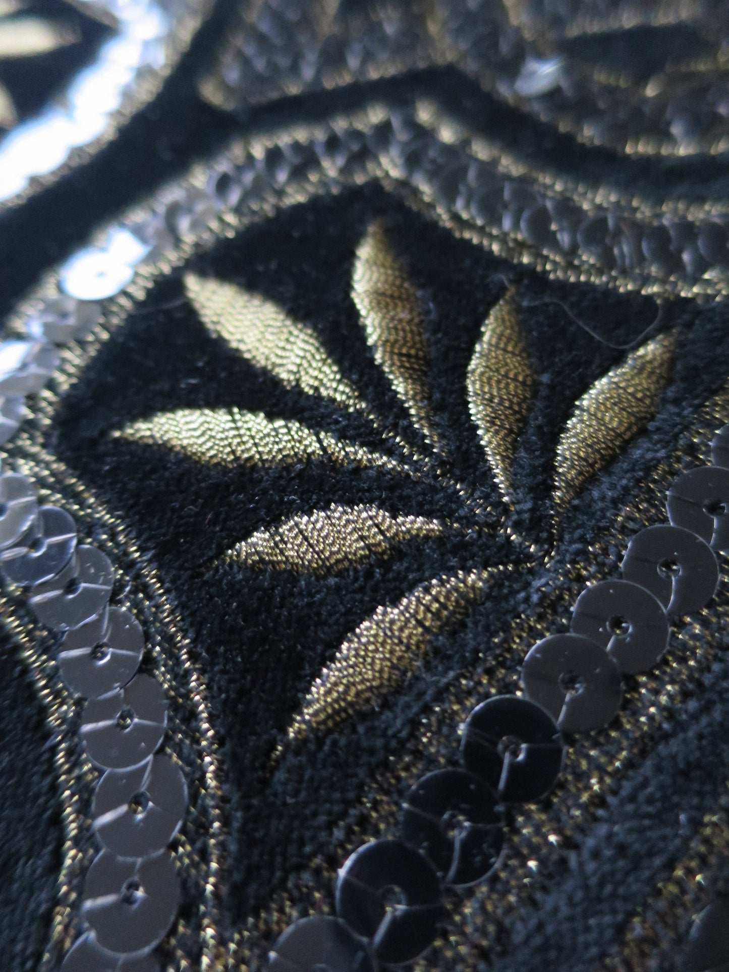 Black Cotton Velvet Gilt Embroidered & Sequined Art Deco Style Applique