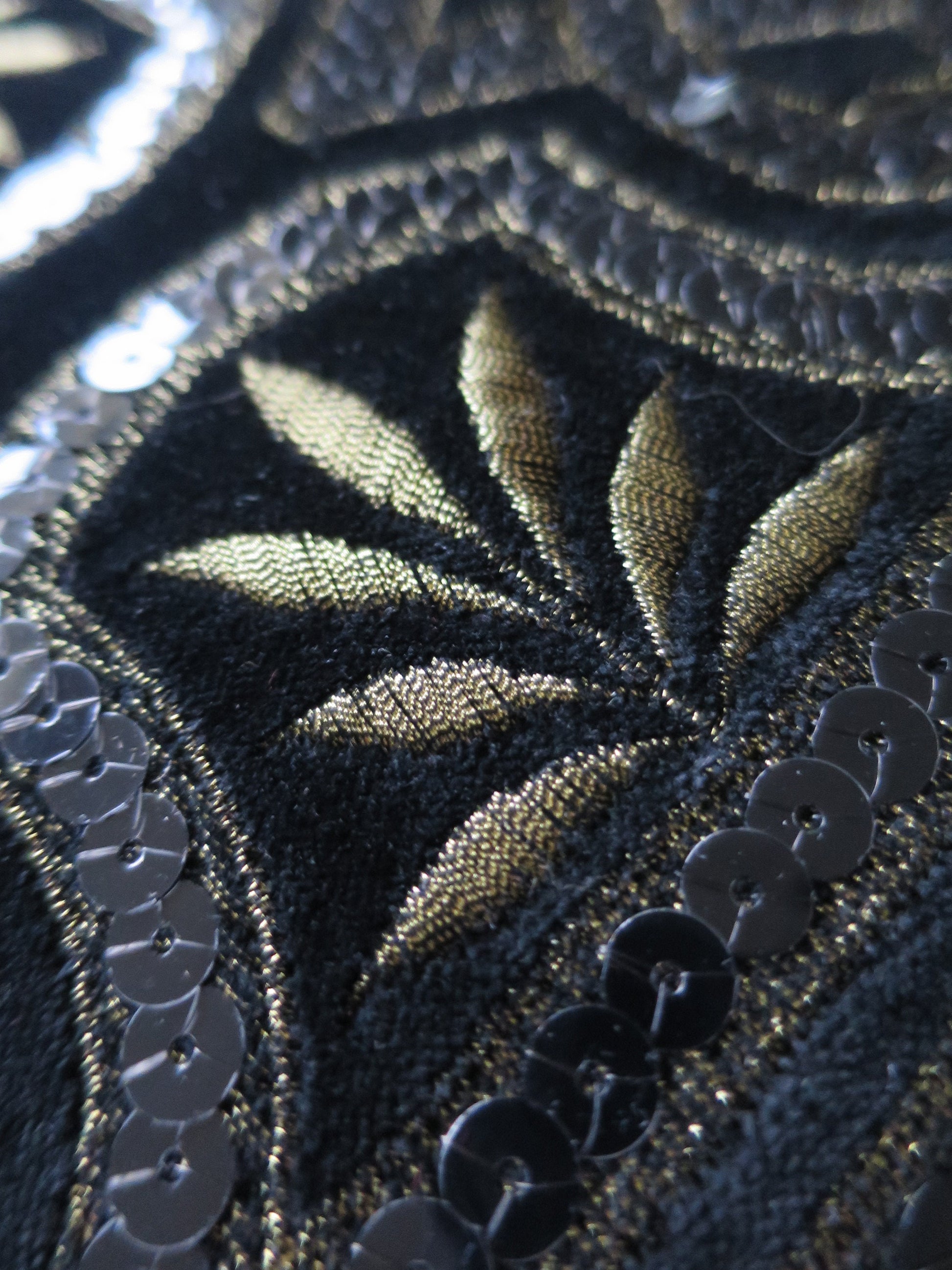 Black Cotton Velvet Gilt Embroidered & Sequined Art Deco Style Applique