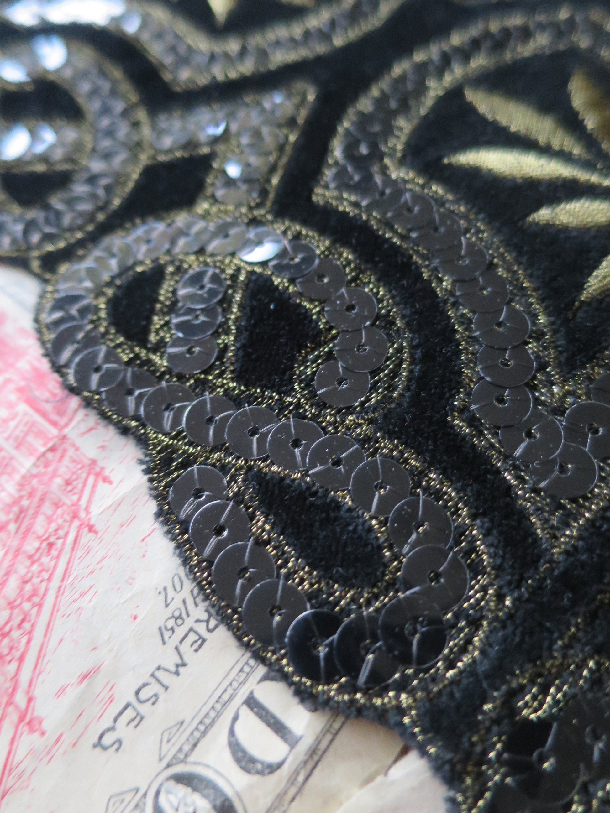 Black Cotton Velvet Gilt Embroidered & Sequined Art Deco Style Applique