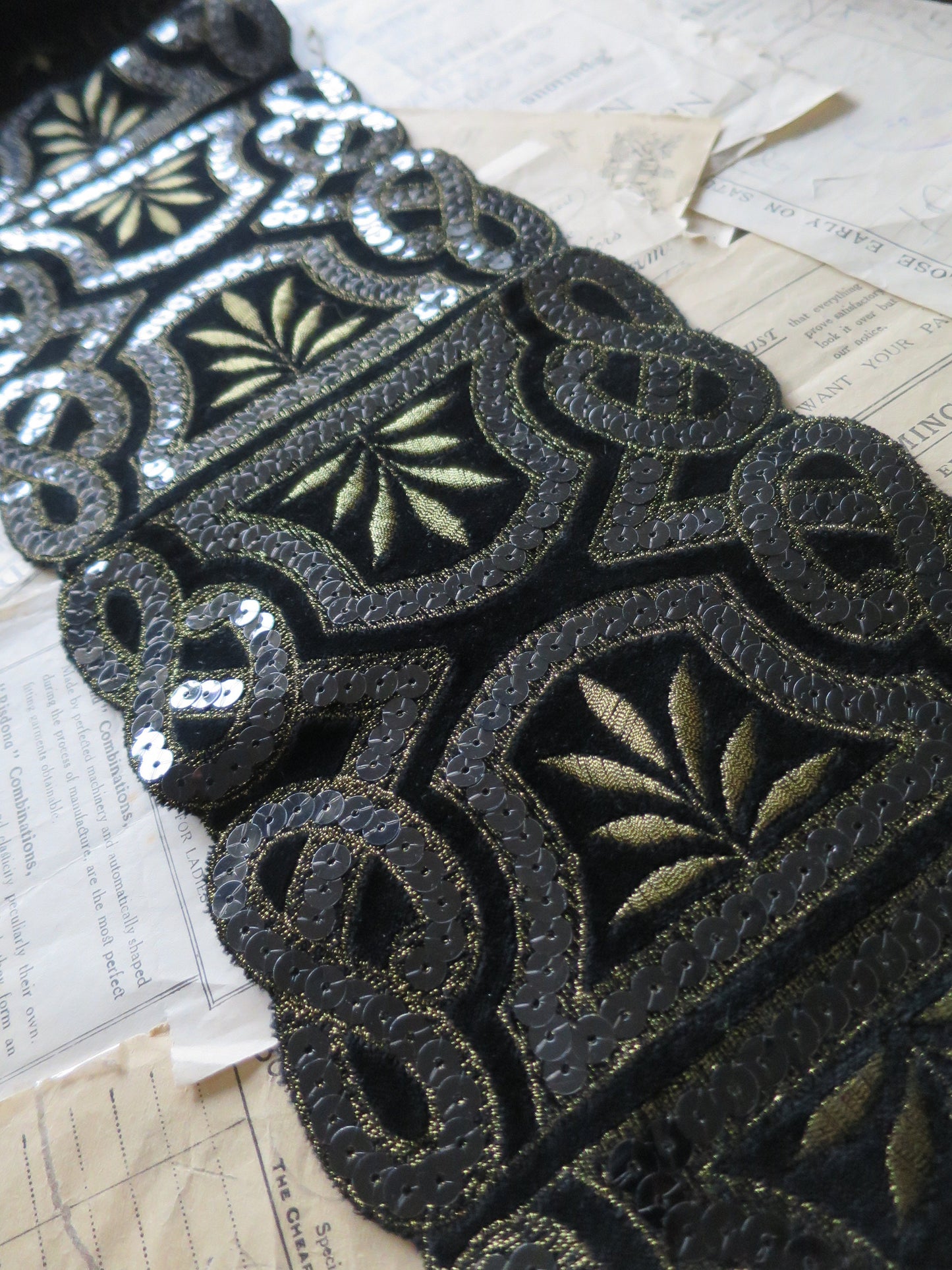 Black Cotton Velvet Gilt Embroidered & Sequined Art Deco Style Applique