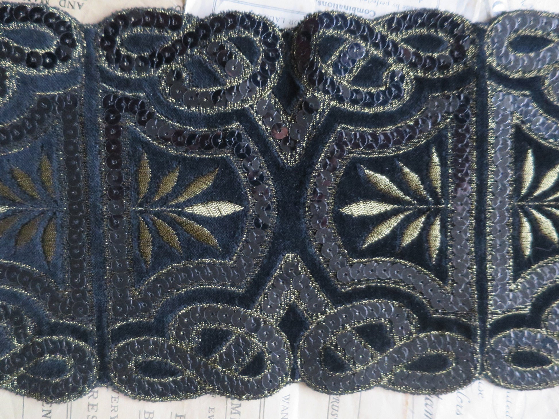 Black Cotton Velvet Gilt Embroidered & Sequined Art Deco Style Applique