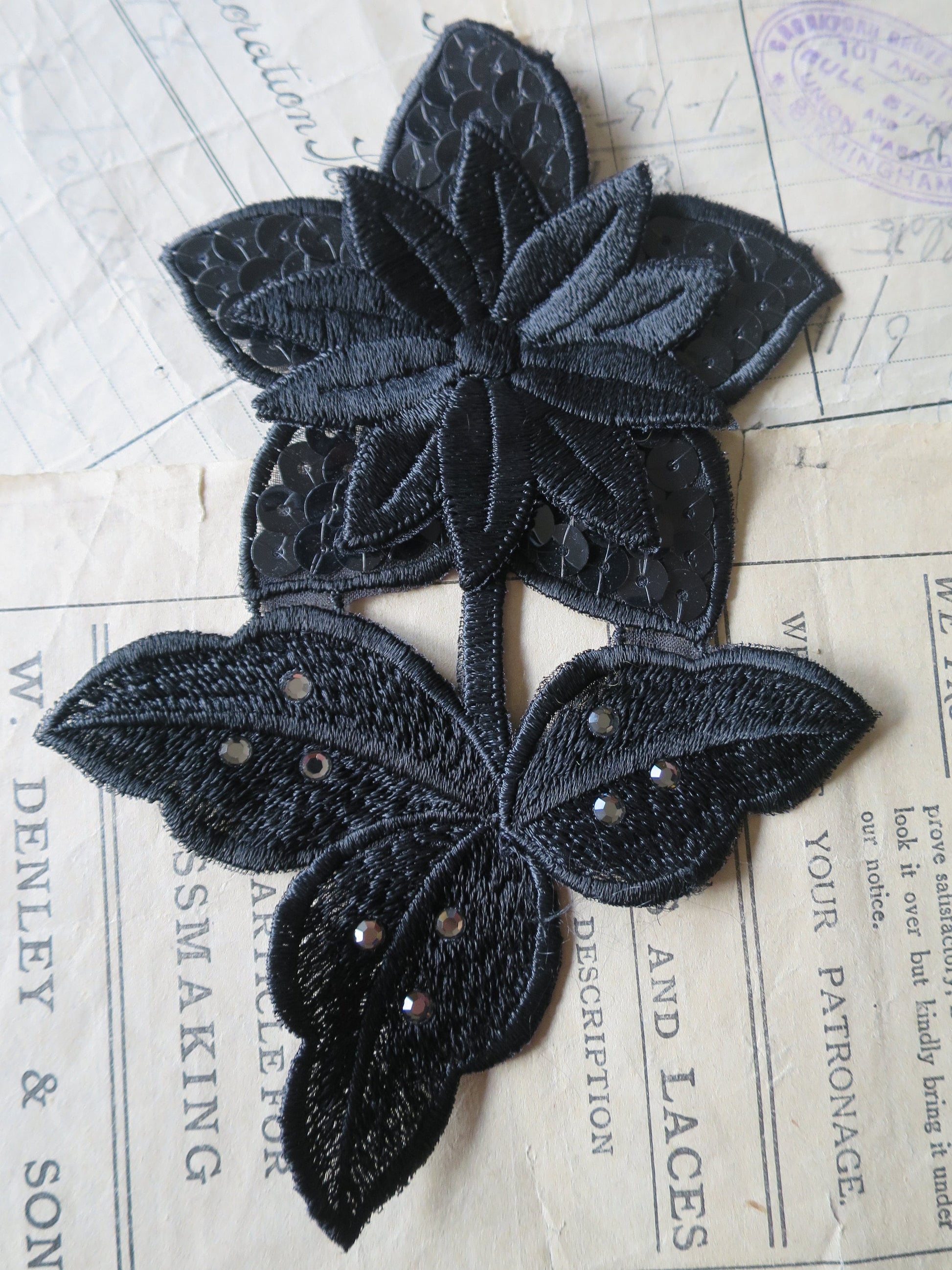 Vintage Swarovski Sequined & Embroidered Flower Applique with Swarovski Rhinestones