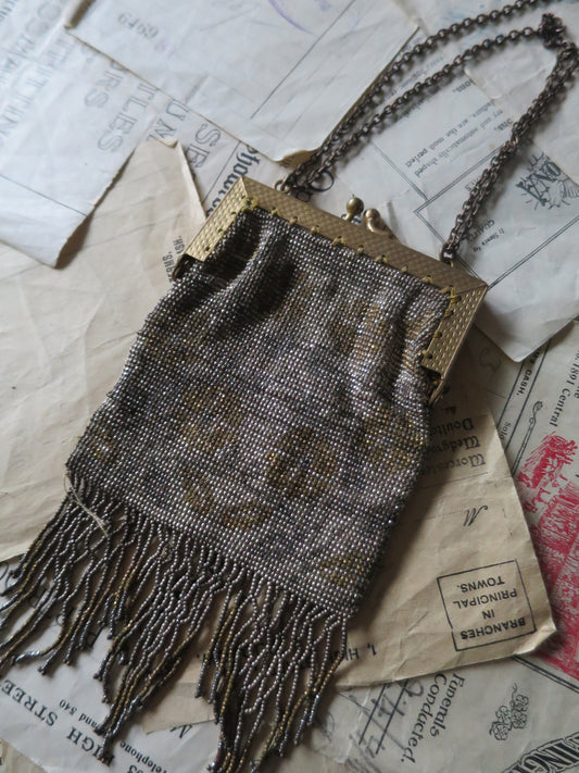 Lovely Antique Art Deco Metallic Micro Beaded Evening Bag