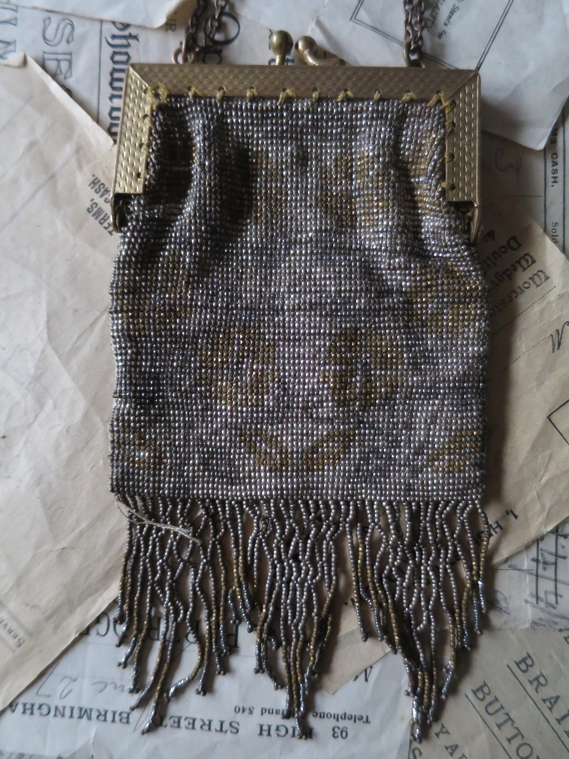 Lovely Antique Art Deco Metallic Micro Beaded Evening Bag