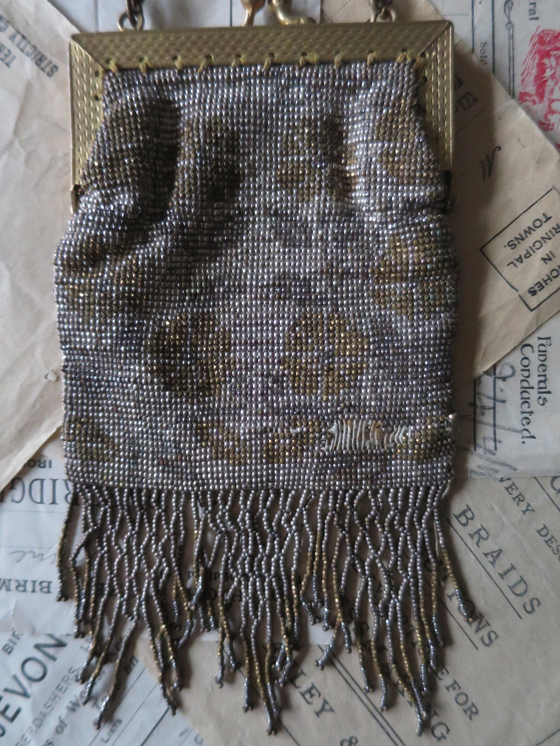 Lovely Antique Art Deco Metallic Micro Beaded Evening Bag
