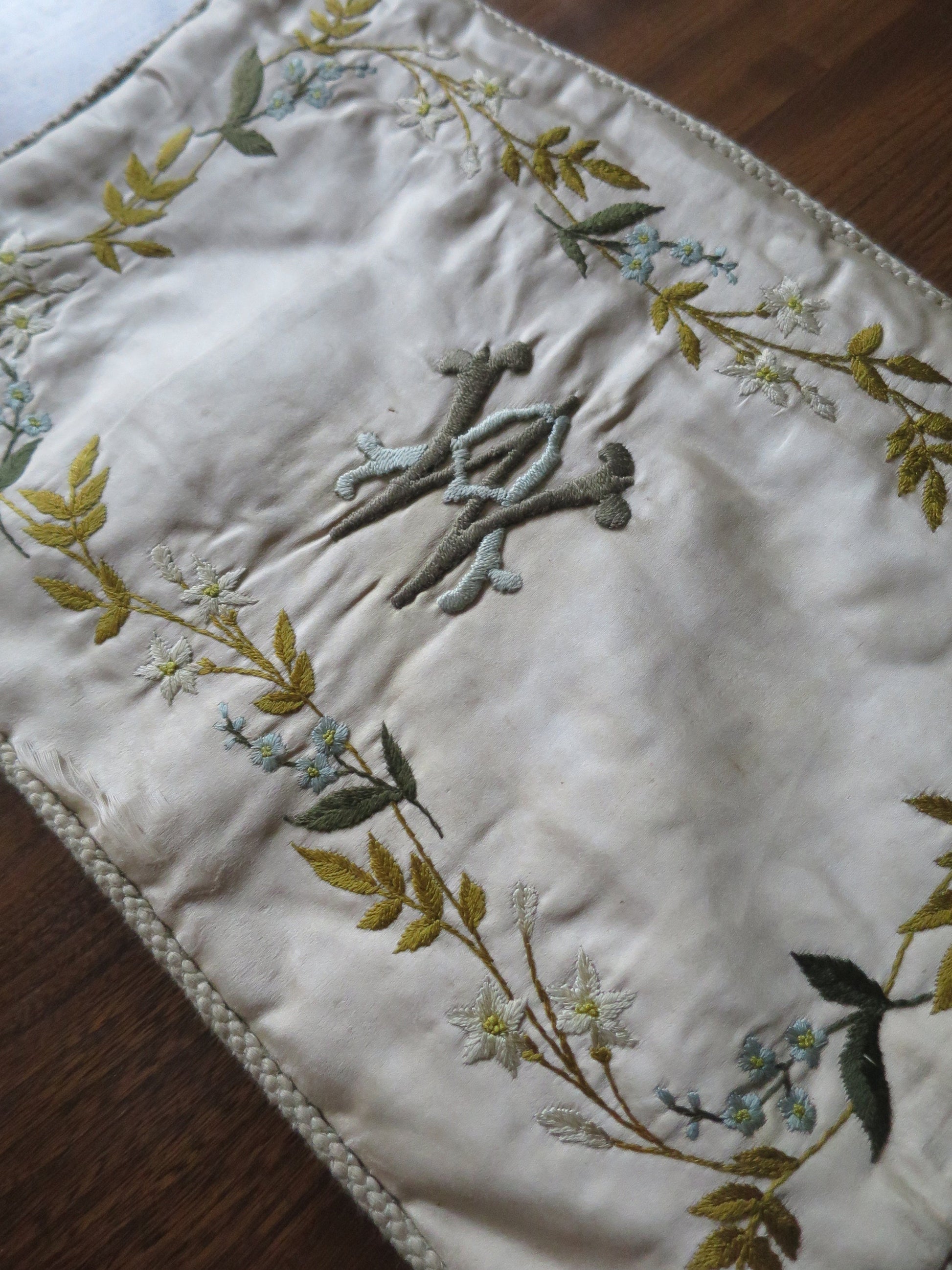 Antique Victorian Silk Padded Hand Embroidered Nightdress Case