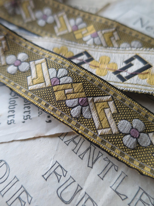 Art Deco 25 mm Jacquard Woven Ribbon- Golden & Violet Tones
