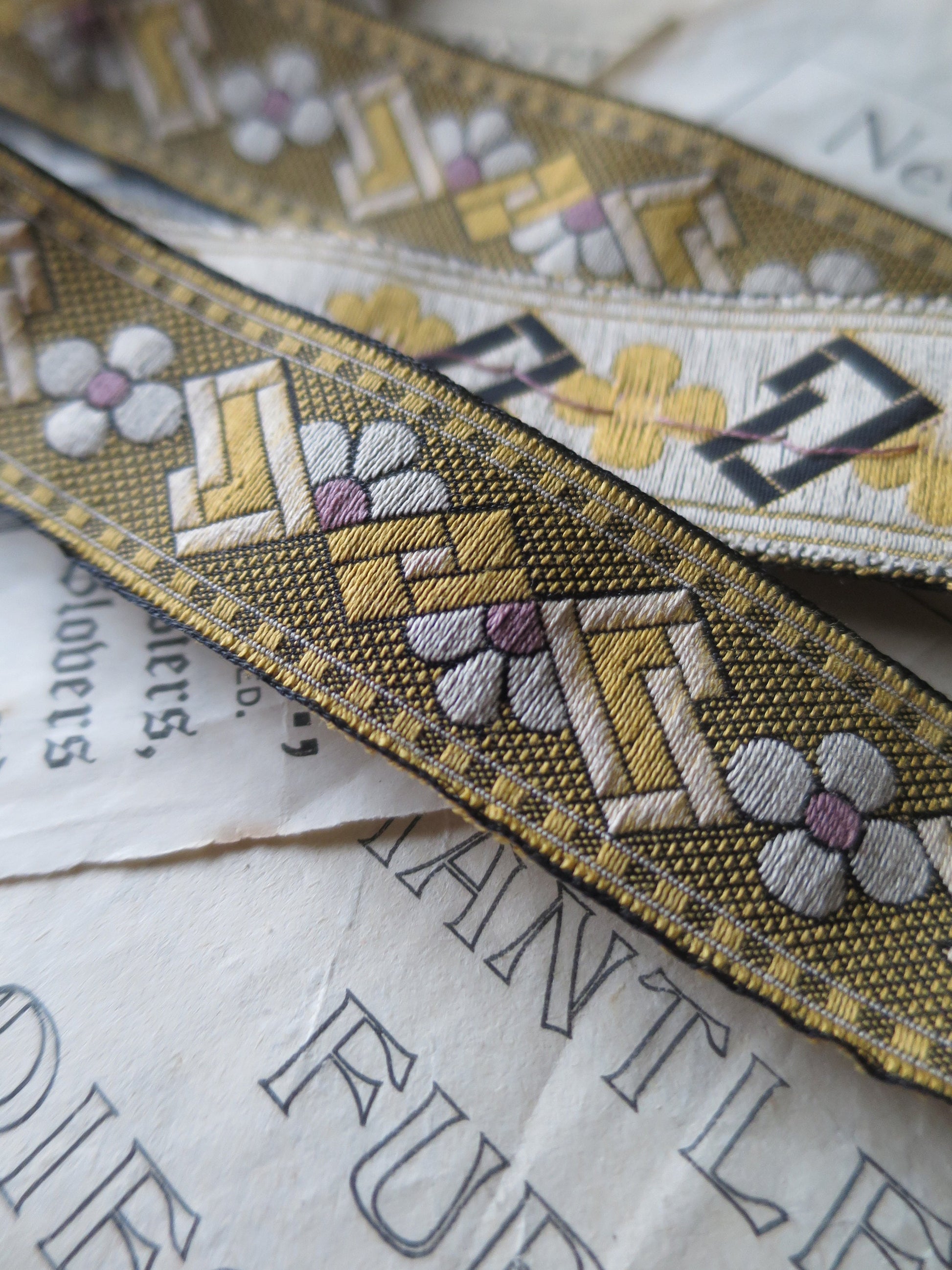 Art Deco 25 mm Jacquard Woven Ribbon- Golden & Violet Tones