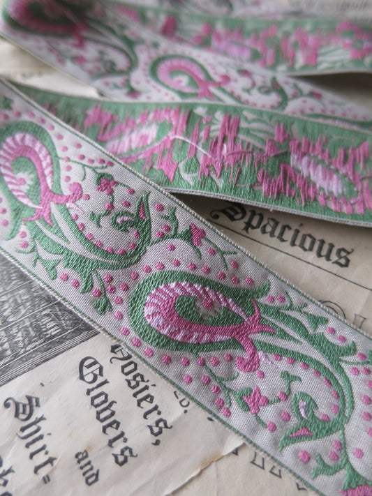 Paisley 32 mm Jacquard Woven Ribbon- Green & Pink