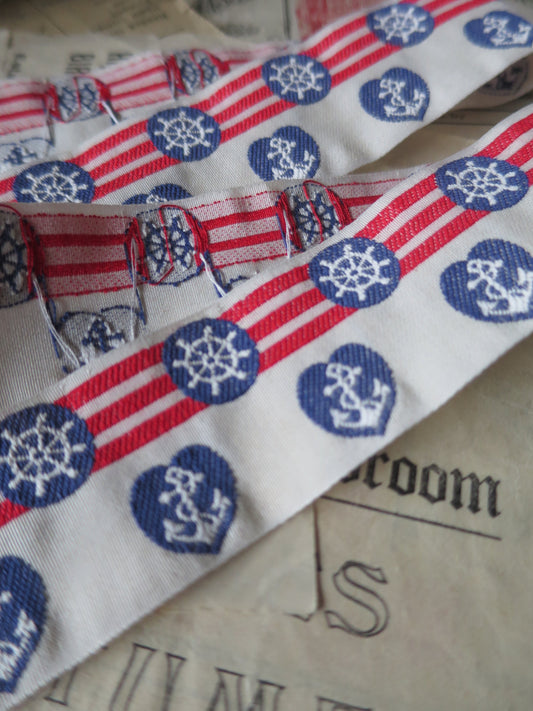 Nautical Anchors & Wheels 32 mm Jacquard Woven Ribbon