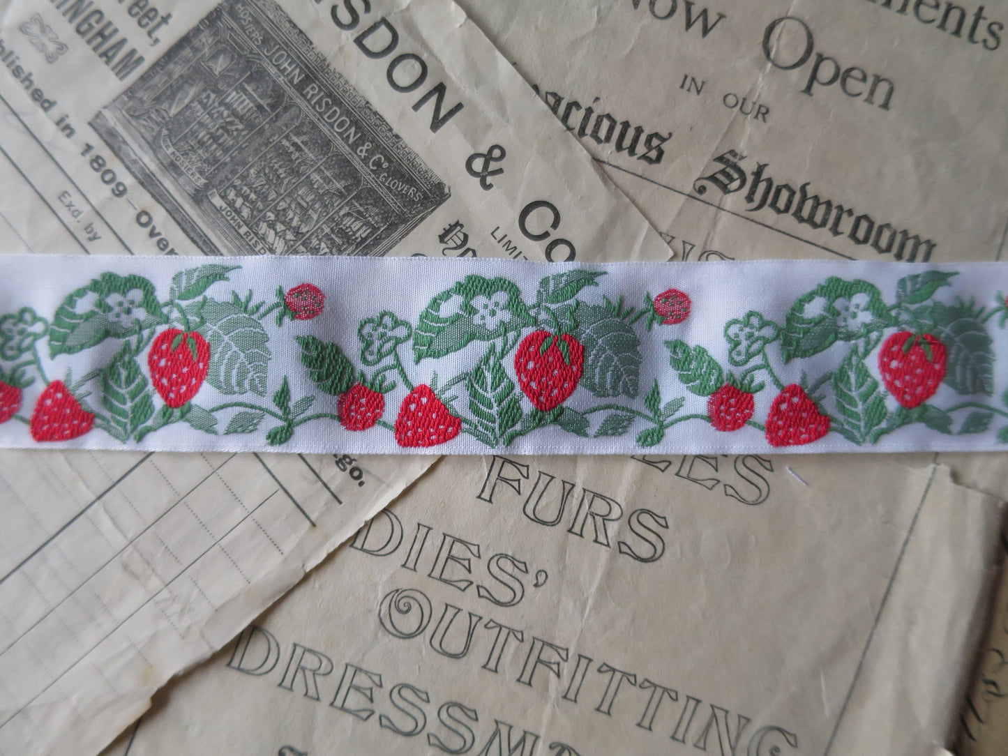 Strawberries 32 mm Jacquard Woven Ribbon- White