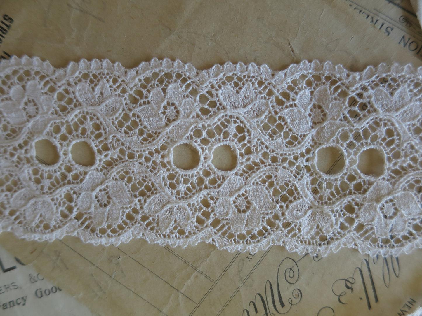 Ecru English Nottingham Lace- Scalloped Raised Floral Double Eyelet- Galloon- 5.5 cm