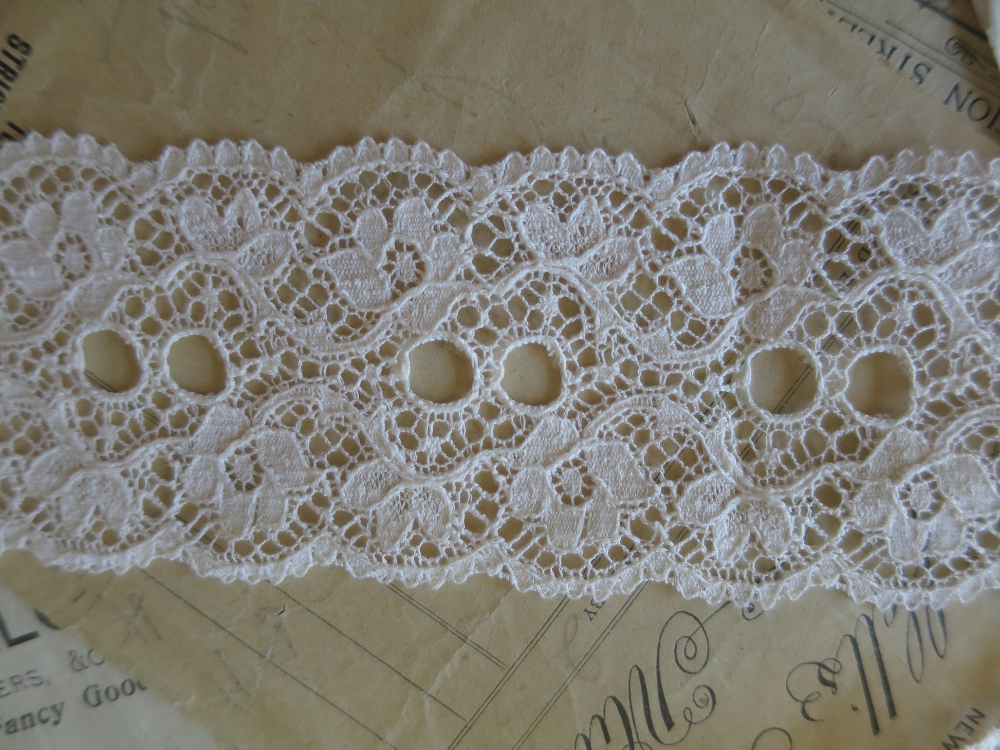 Ecru English Nottingham Lace- Scalloped Raised Floral Double Eyelet- Galloon- 5.5 cm