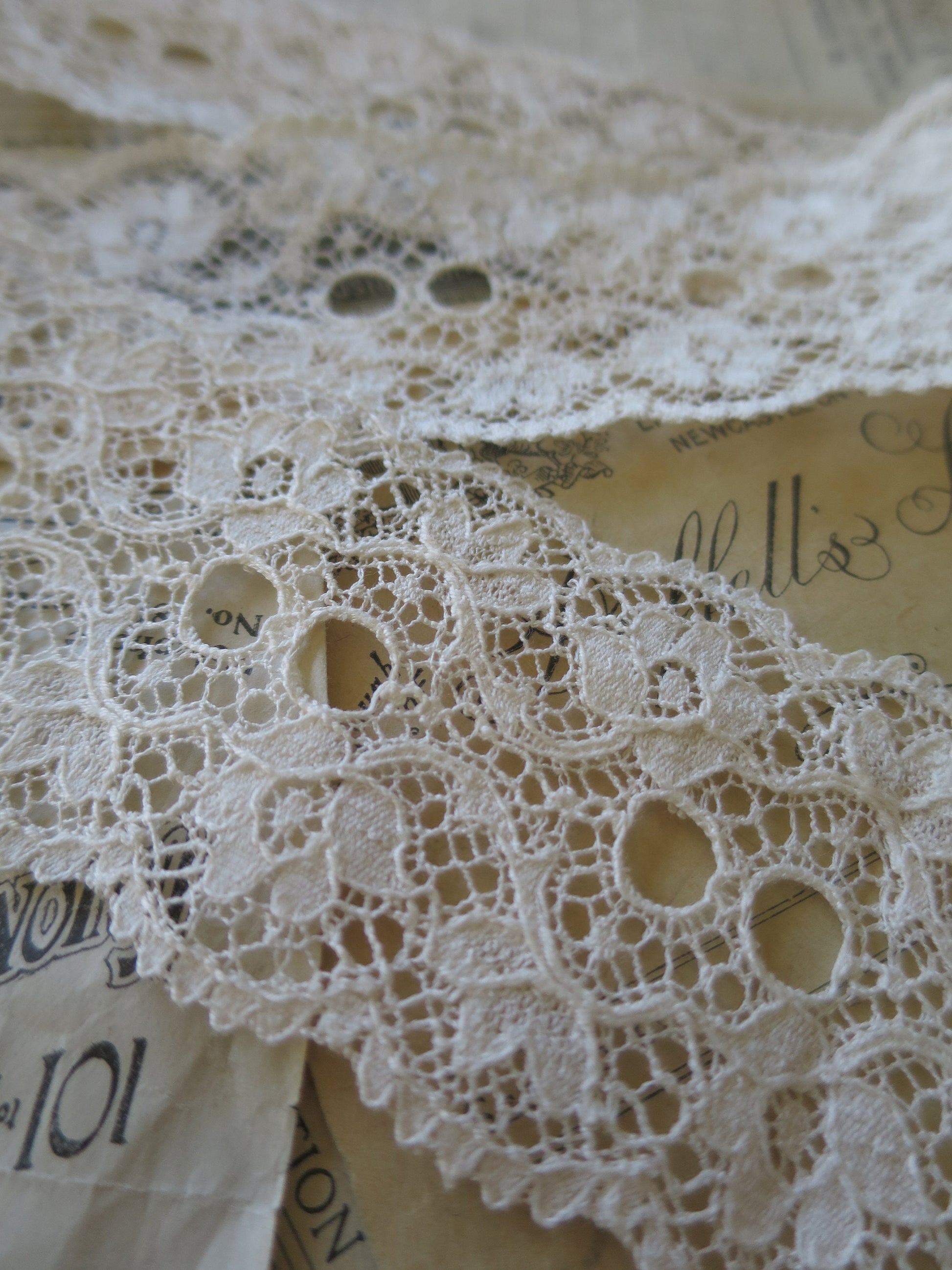 Ecru English Nottingham Lace- Scalloped Raised Floral Double Eyelet- Galloon- 5.5 cm