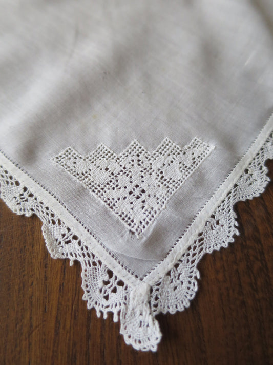 Antique Handkerchief- Hand Worked Bobbin Lace & Drawn Thread Work