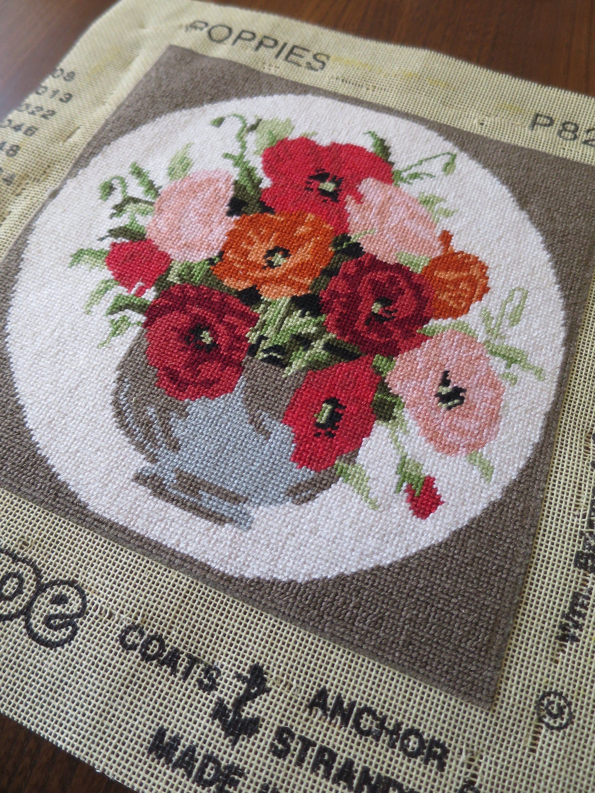 Vintage Hand Embroidered Tapestry Picture- Poppies