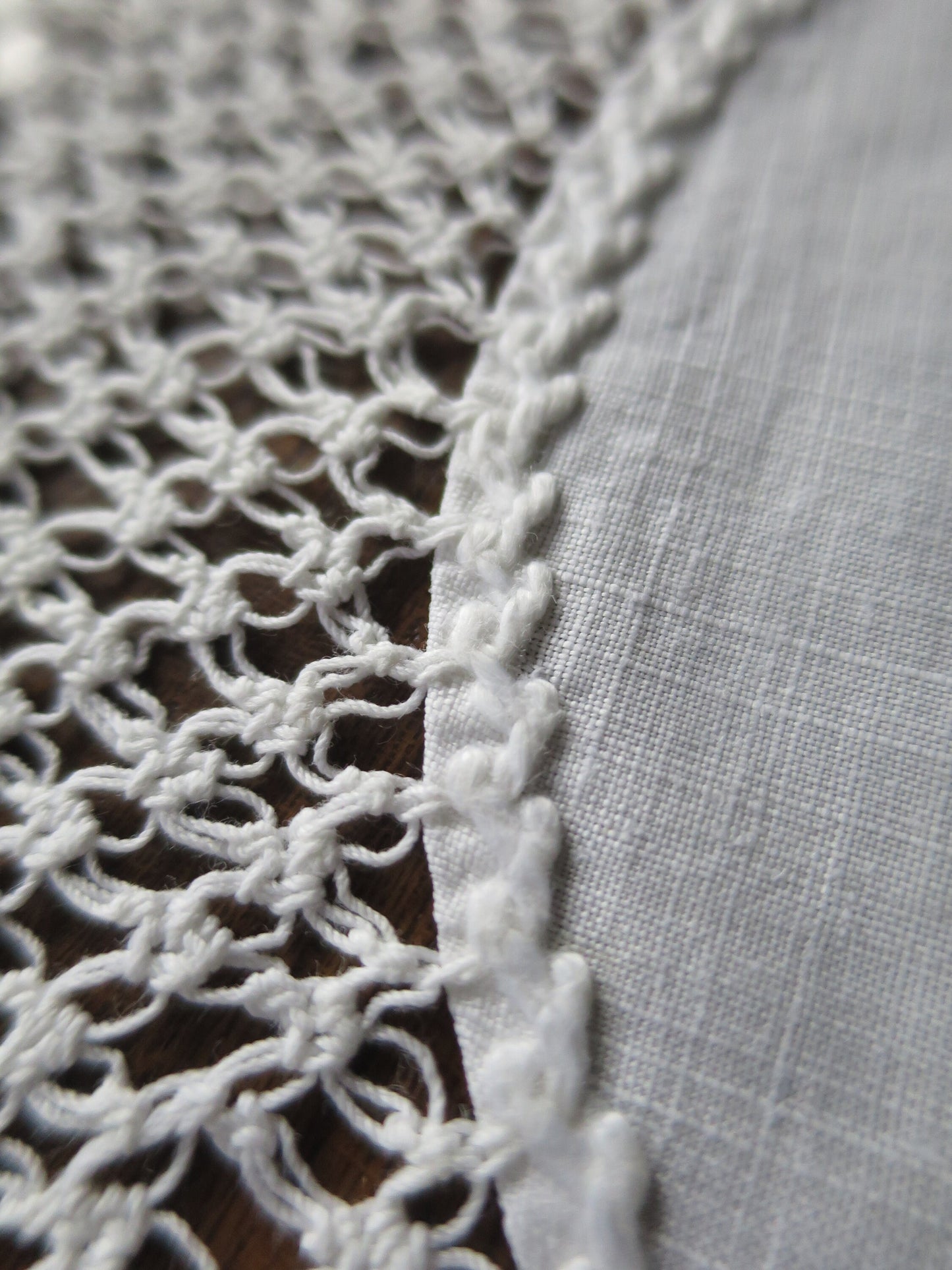 Pair Antique Hand Embroidered Linen & Hand Knotted Lace Doilies