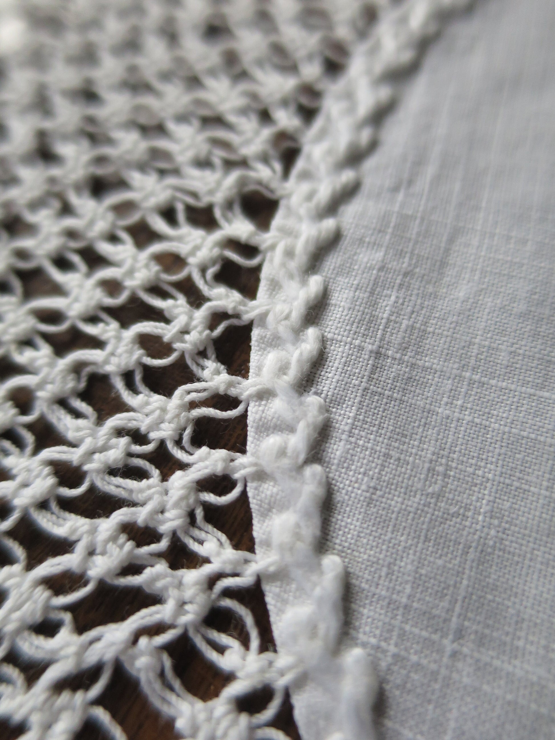 Pair Antique Hand Embroidered Linen & Hand Knotted Lace Doilies