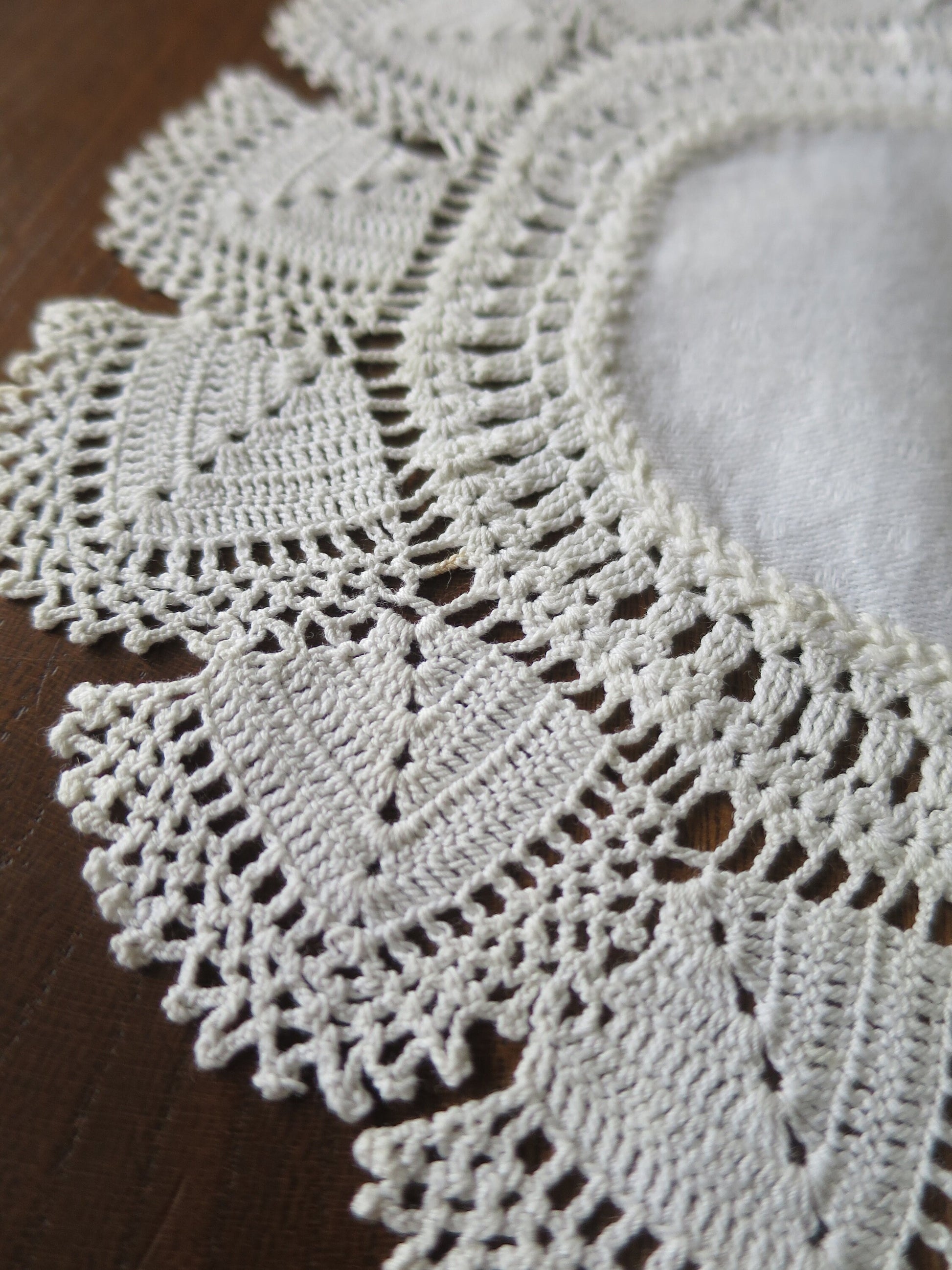 Antique Linen Damask Doily- Hand Embroidery & Hand Worked Crochet