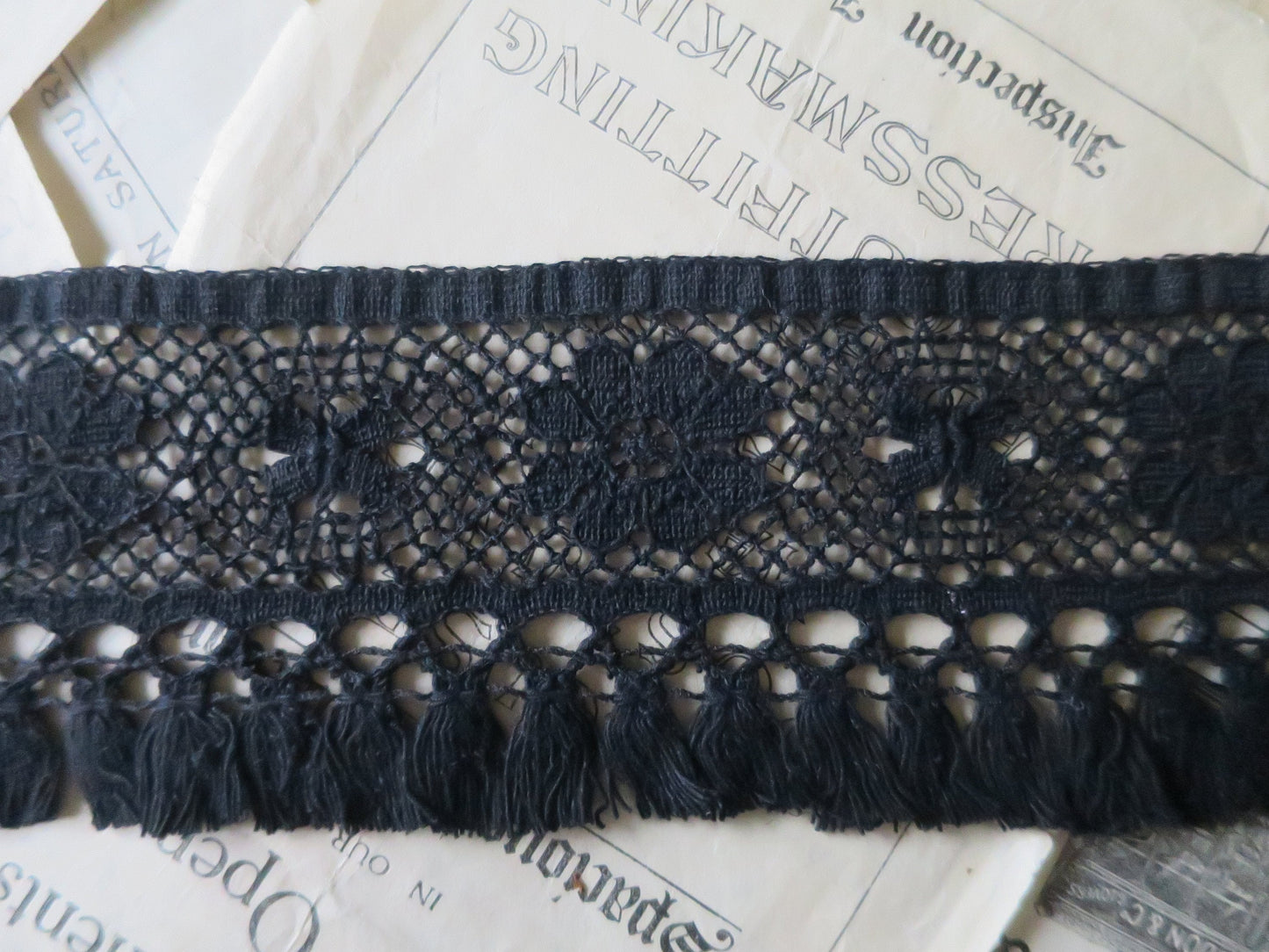Black English Nottingham Cluny Lace- Fringed Torchon- 8.7 cm