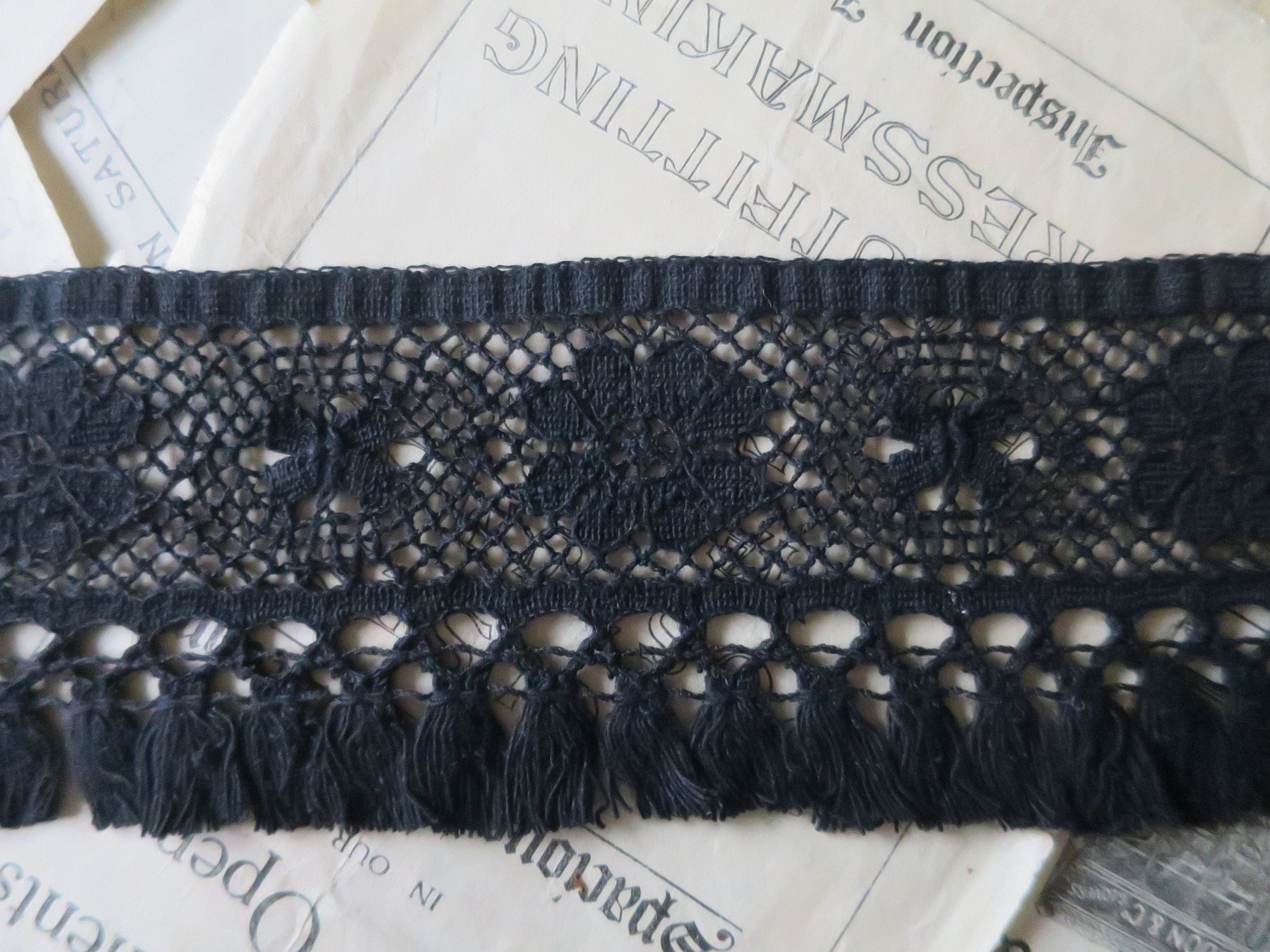 Black English Nottingham Cluny Lace- Fringed Torchon- 8.7 cm